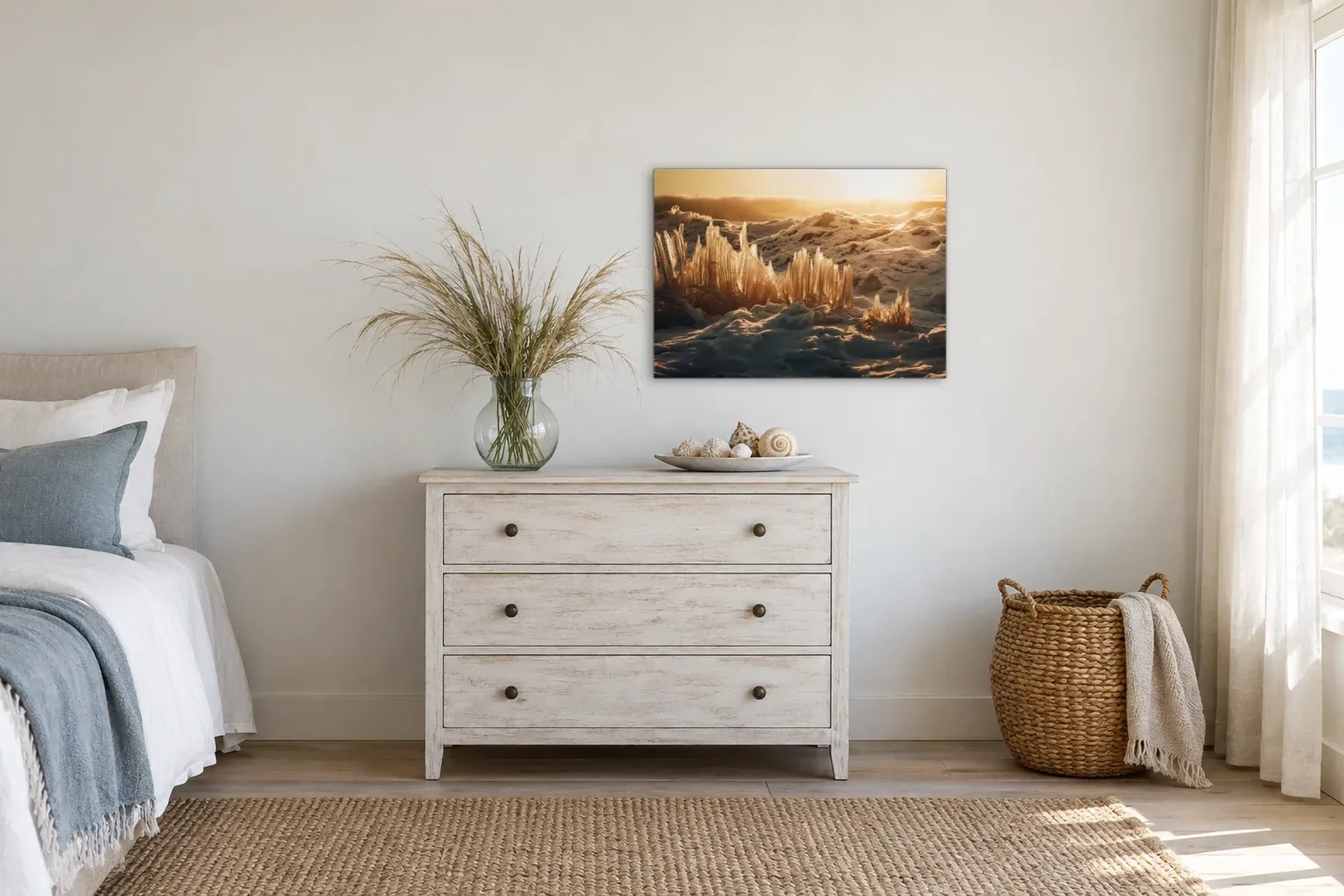 Salz-Geometrien am Strand als Wandbild über einer 90-cm-Kommode