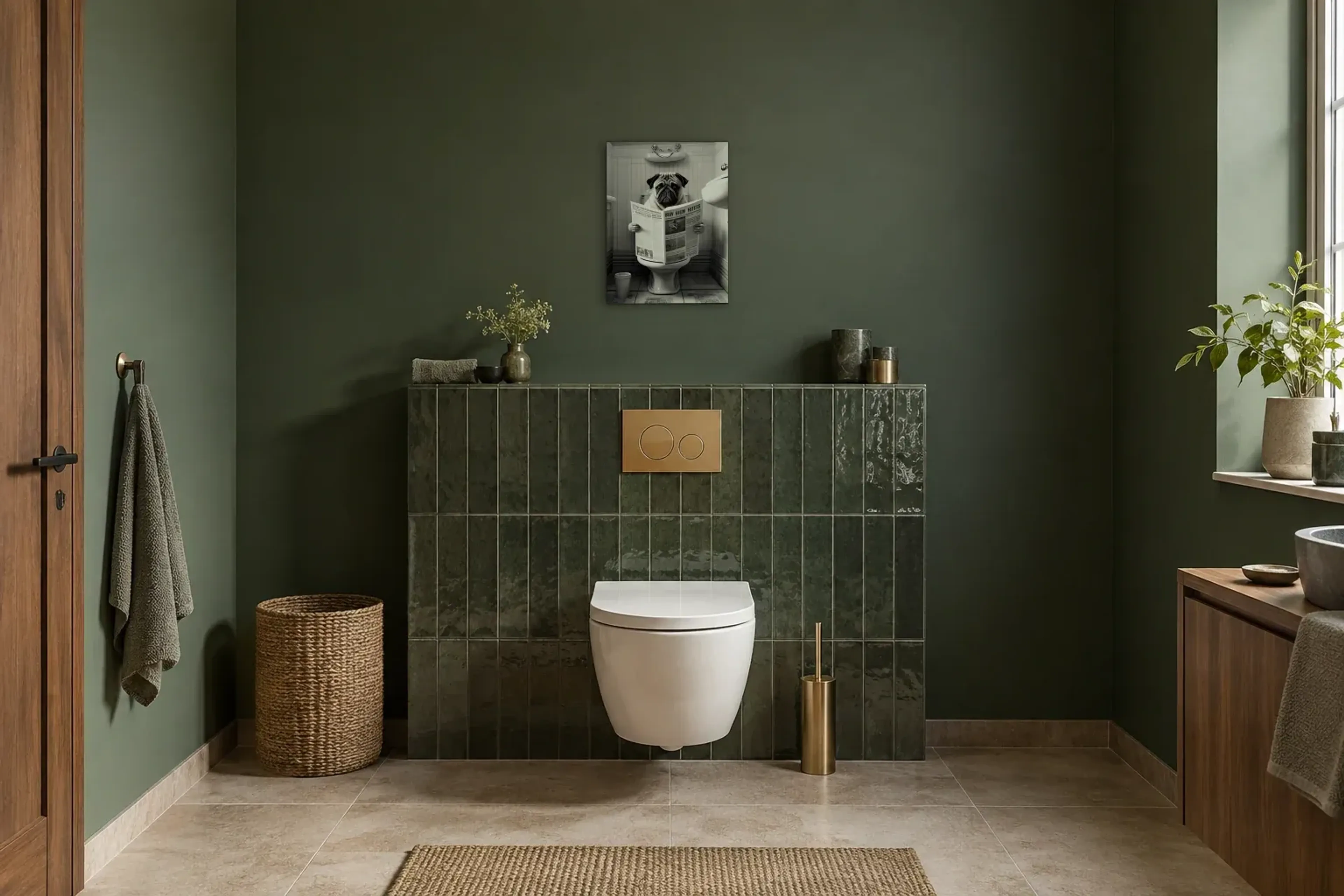 Mops mit Zeitung als Wandbild im Gäste-WC