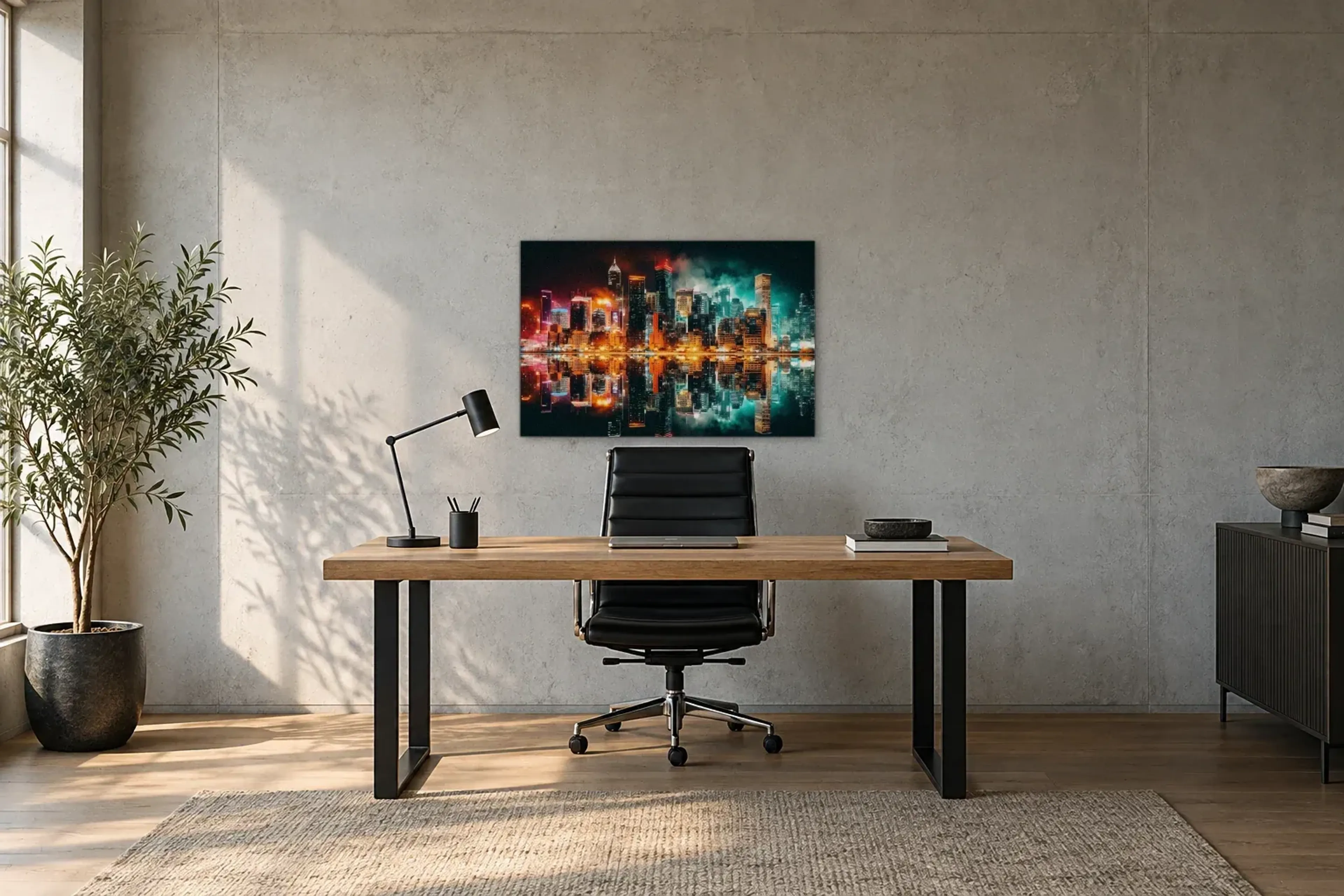 Skyline im Lichtermeer als Wandbild über einem 160-cm-Schreibtisch