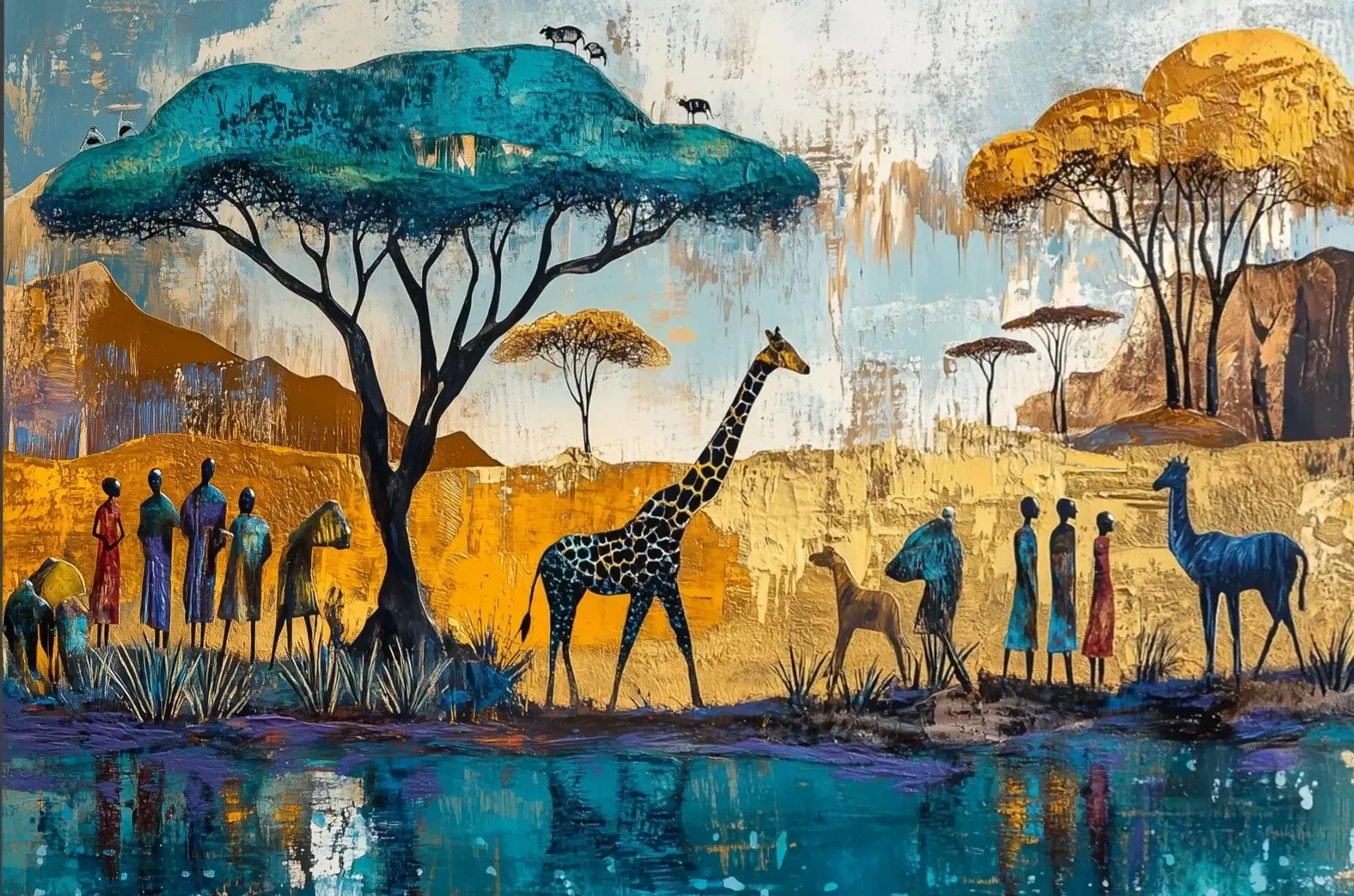Giraffe unter einem großen türkisfarbenen Baum mit Menschen und weiteren Tieren am Wasser in einer goldgelben Landschaft.