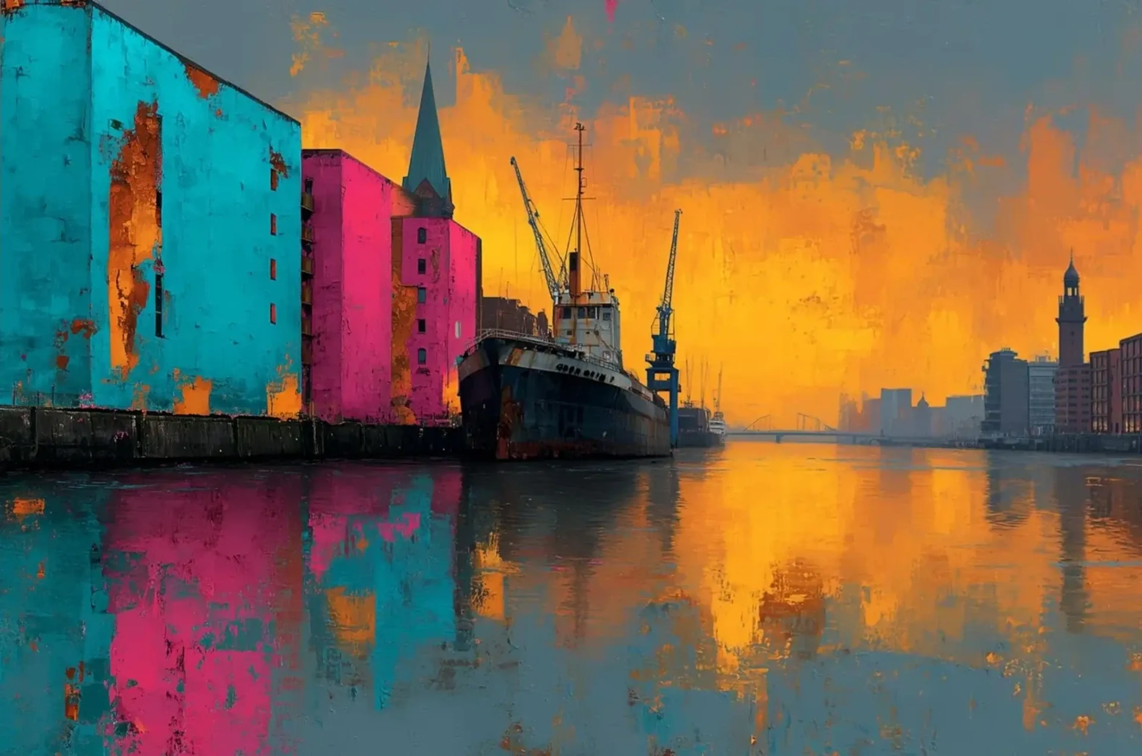 Türkise und pinkfarbene Speicher, ein dunkles Schiff und Kräne vor orangegelbem Himmel spiegeln sich im Hafenwasser.