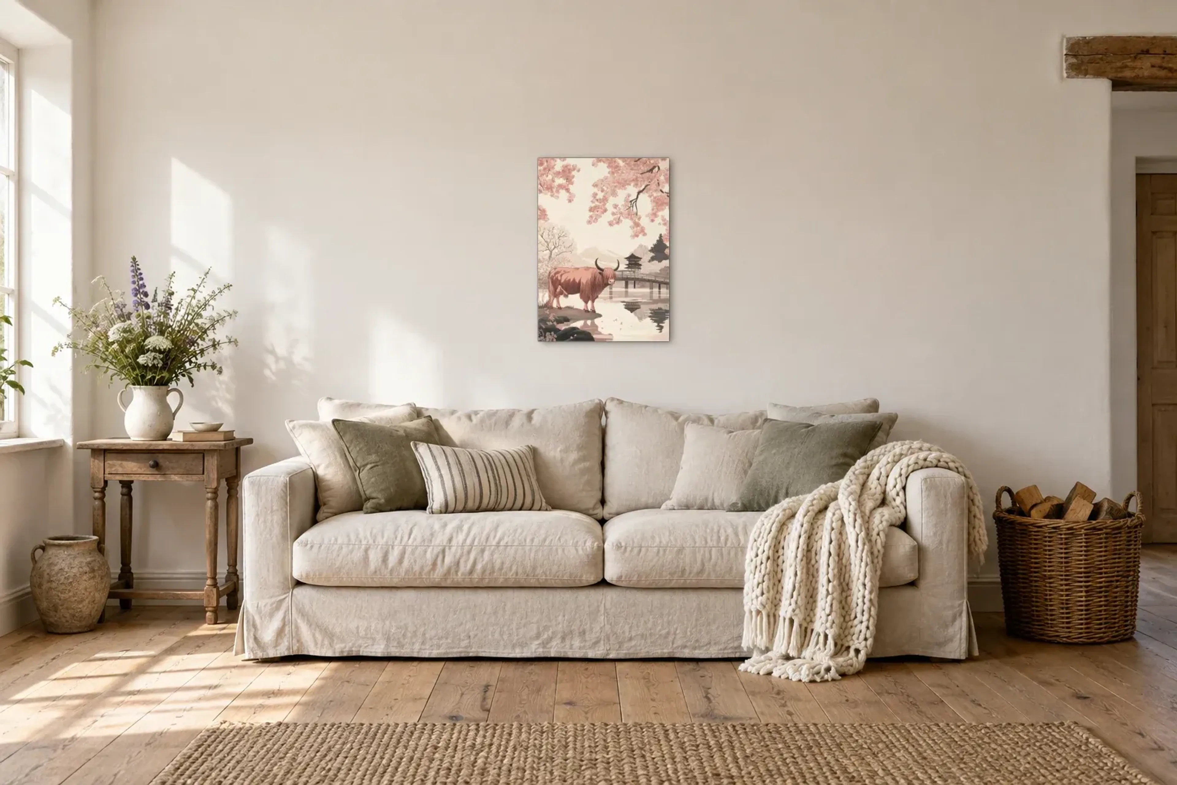 Hochlandrind unter Kirschblüten als Wandbild über einem 220-cm-Sofa