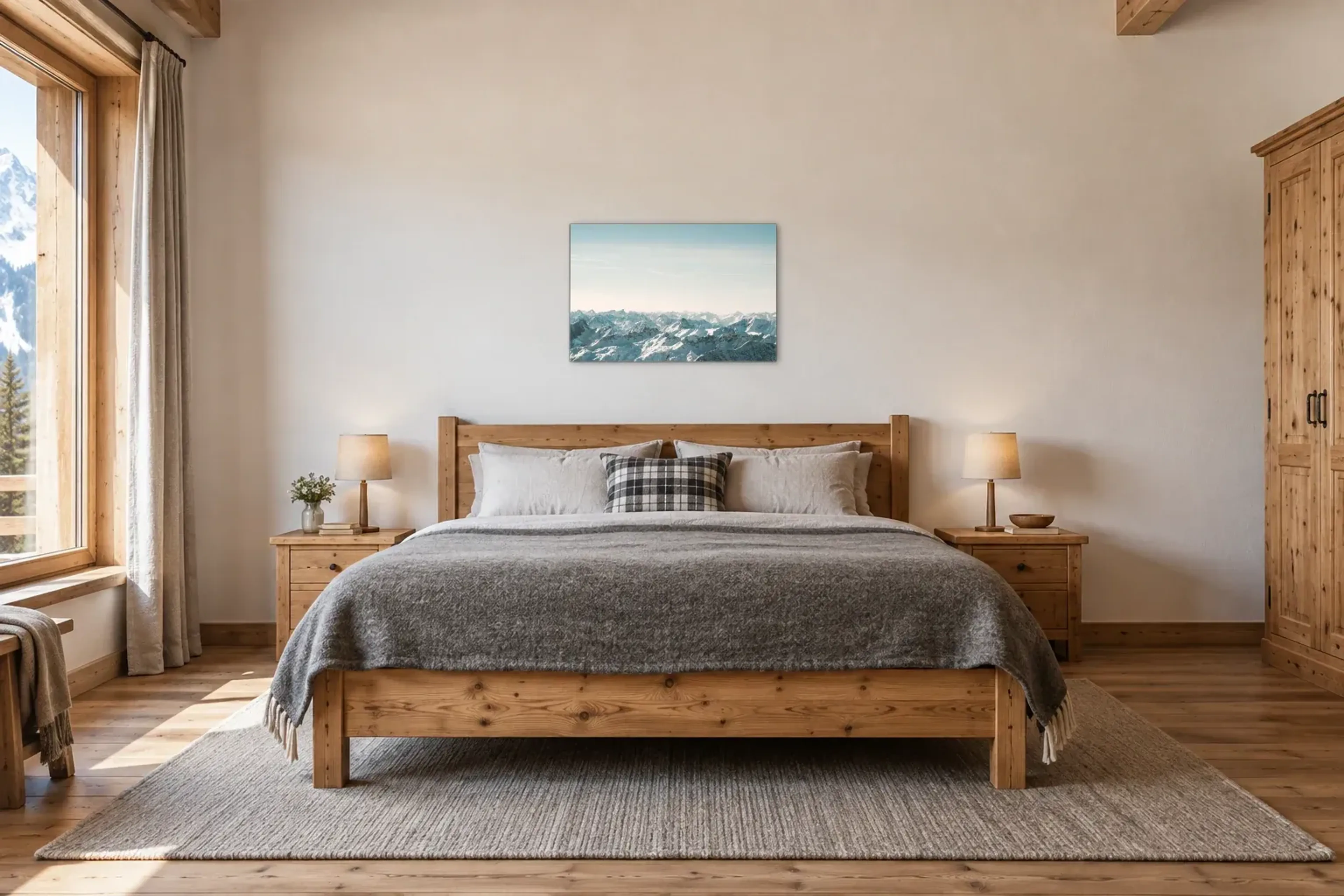 Weite Schneegipfel als Wandbild über einem 180-cm-Bett