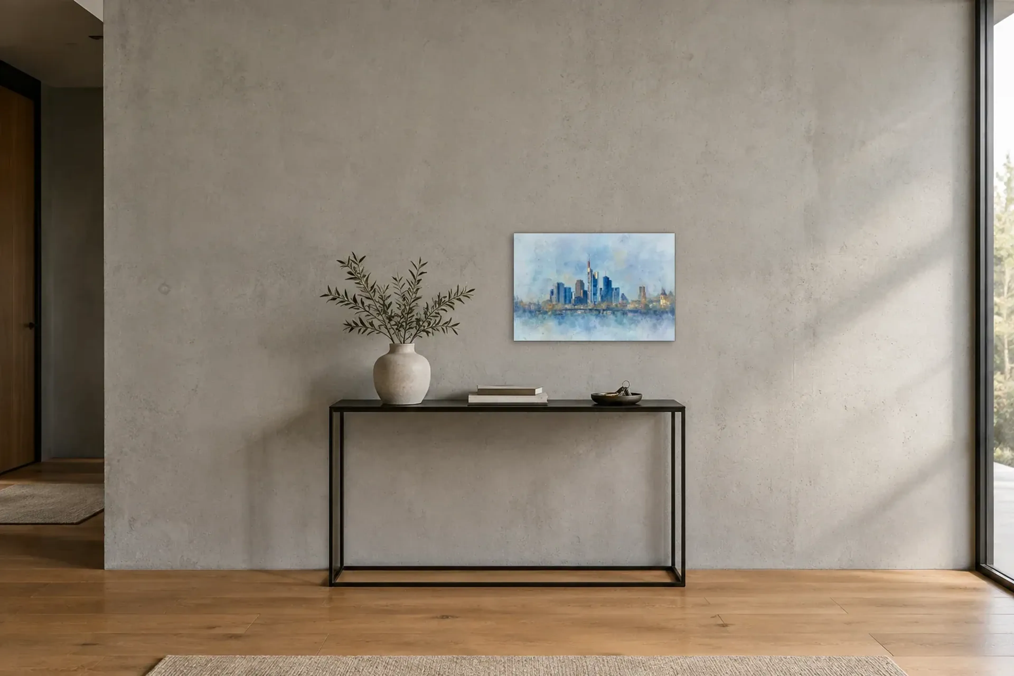 Frankfurt in lichtem Blau als Wandbild über einer 120-cm-Konsole