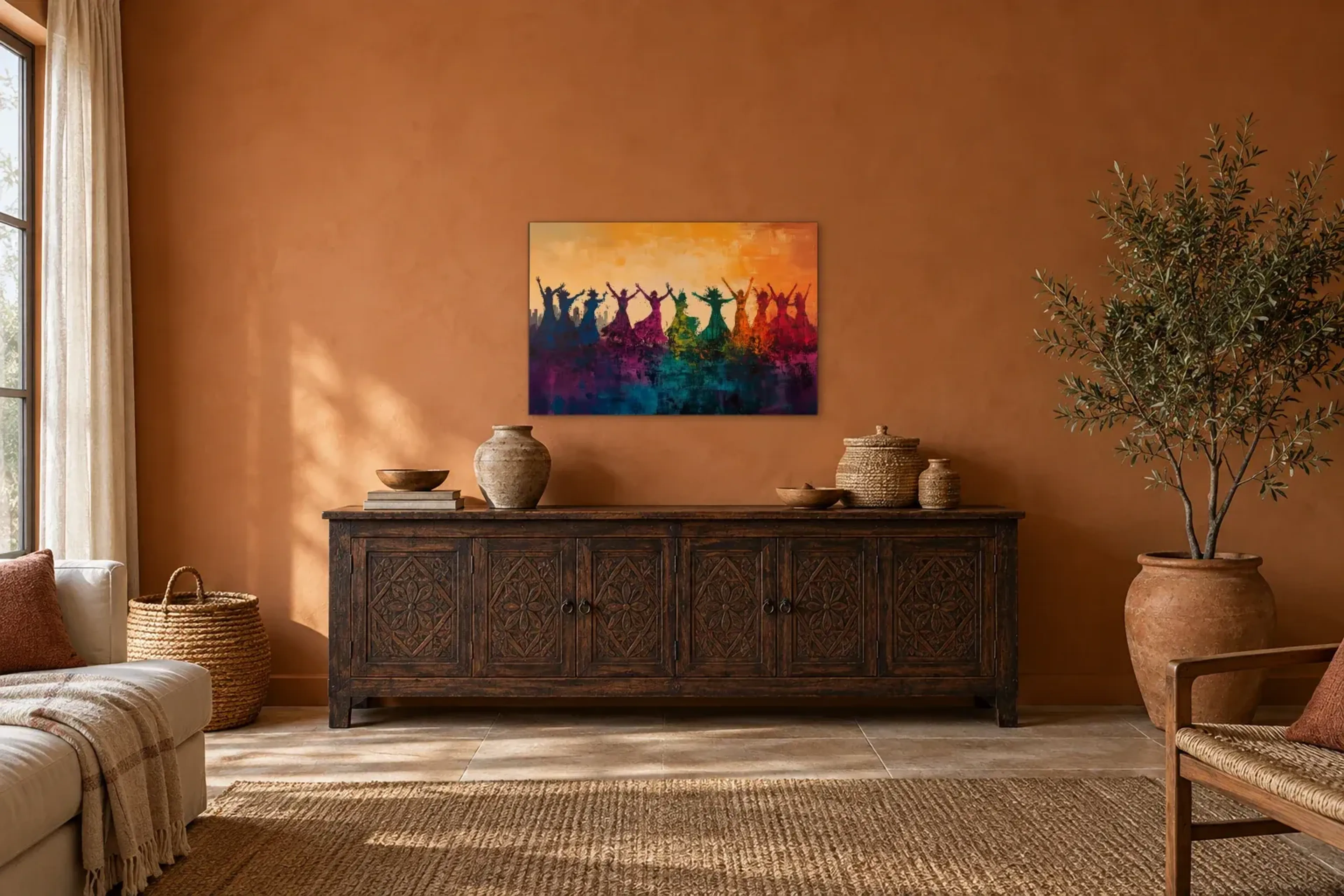 Tanz der Farben als Wandbild über einem 180-cm-Sideboard