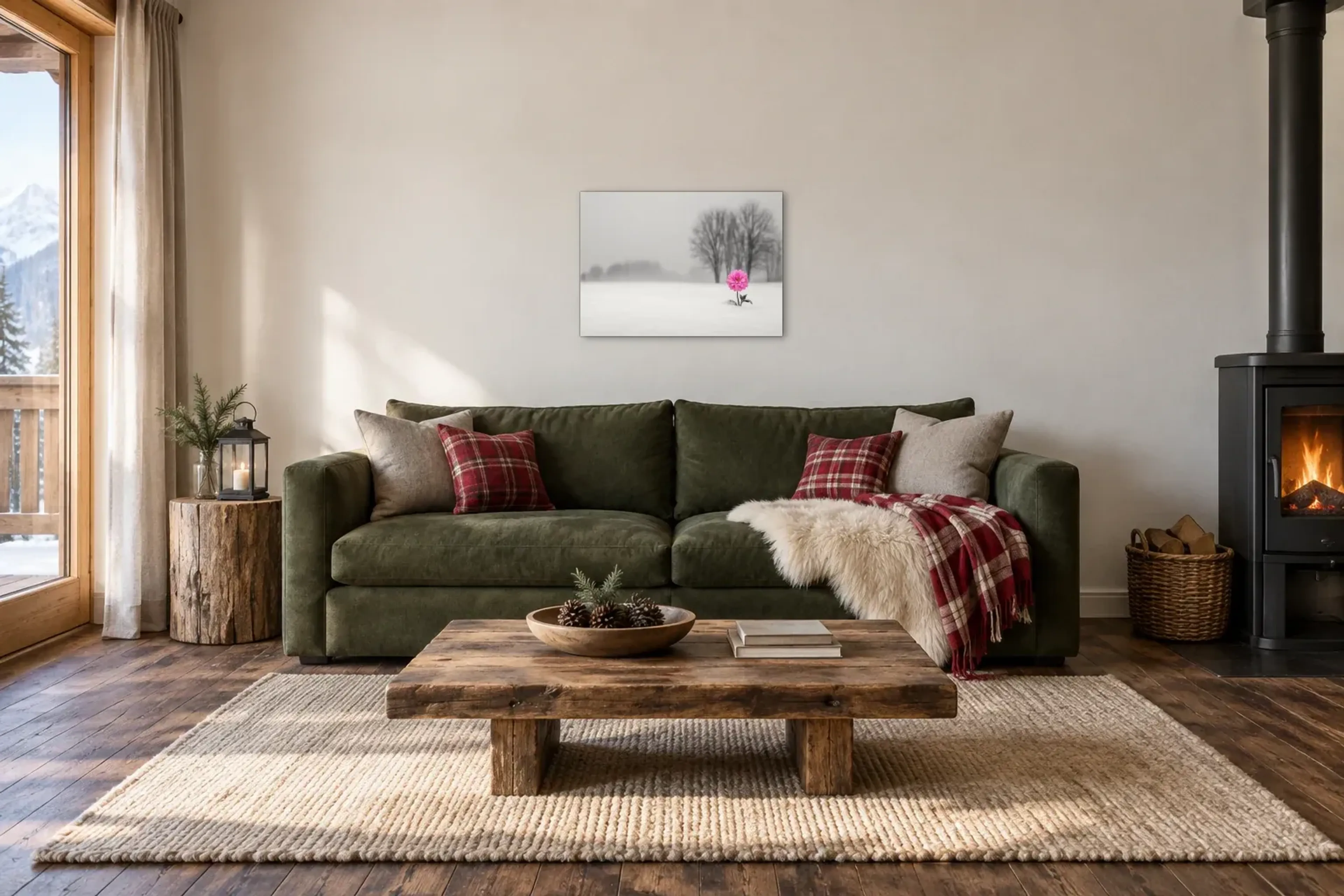 Winterpink im Schnee als Wandbild über einem 220-cm-Sofa
