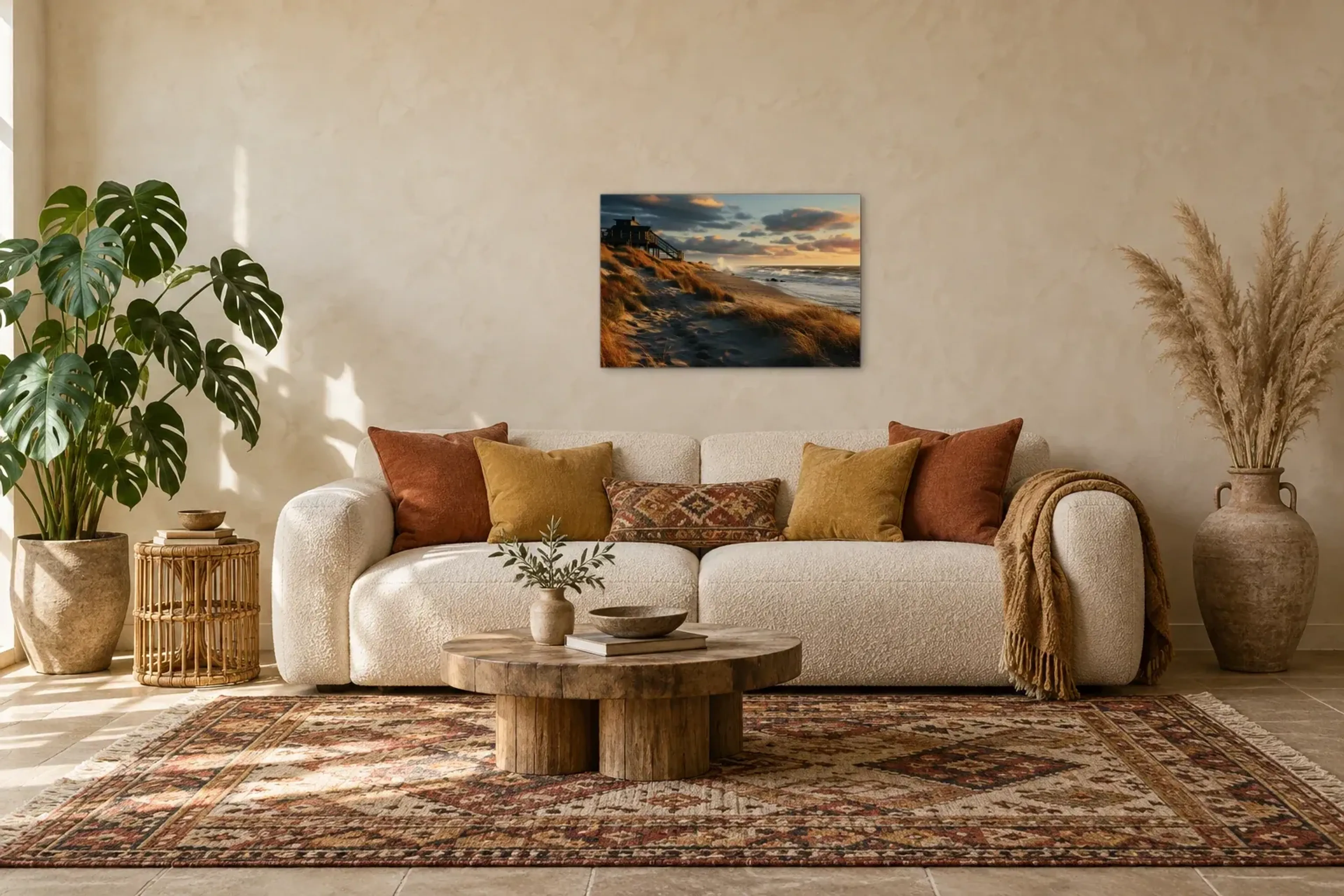 Düne im Abendlicht als Wandbild über einem 220-cm-Sofa