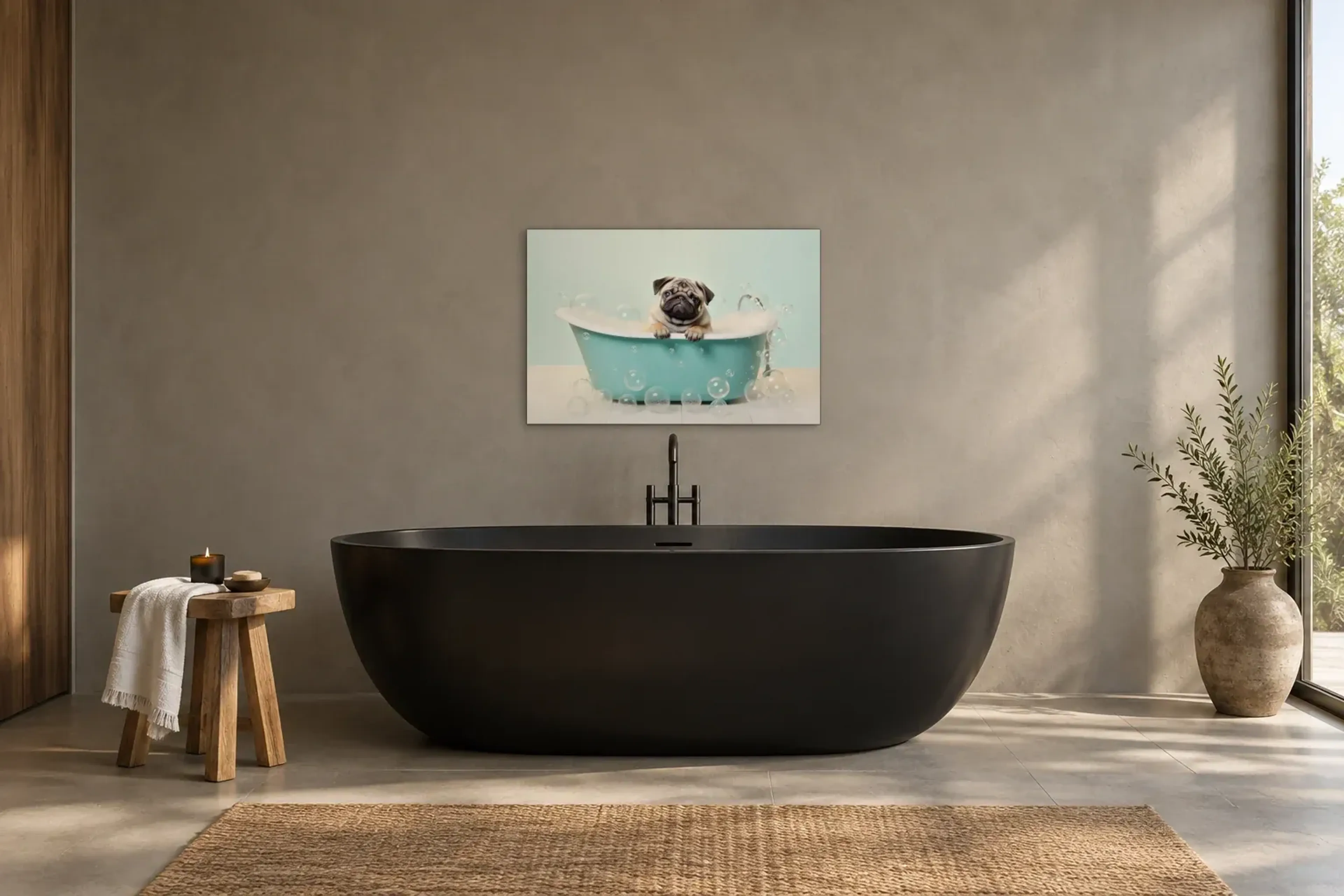 Mops im Schaumbad als Wandbild über einer 170-cm-Badewanne