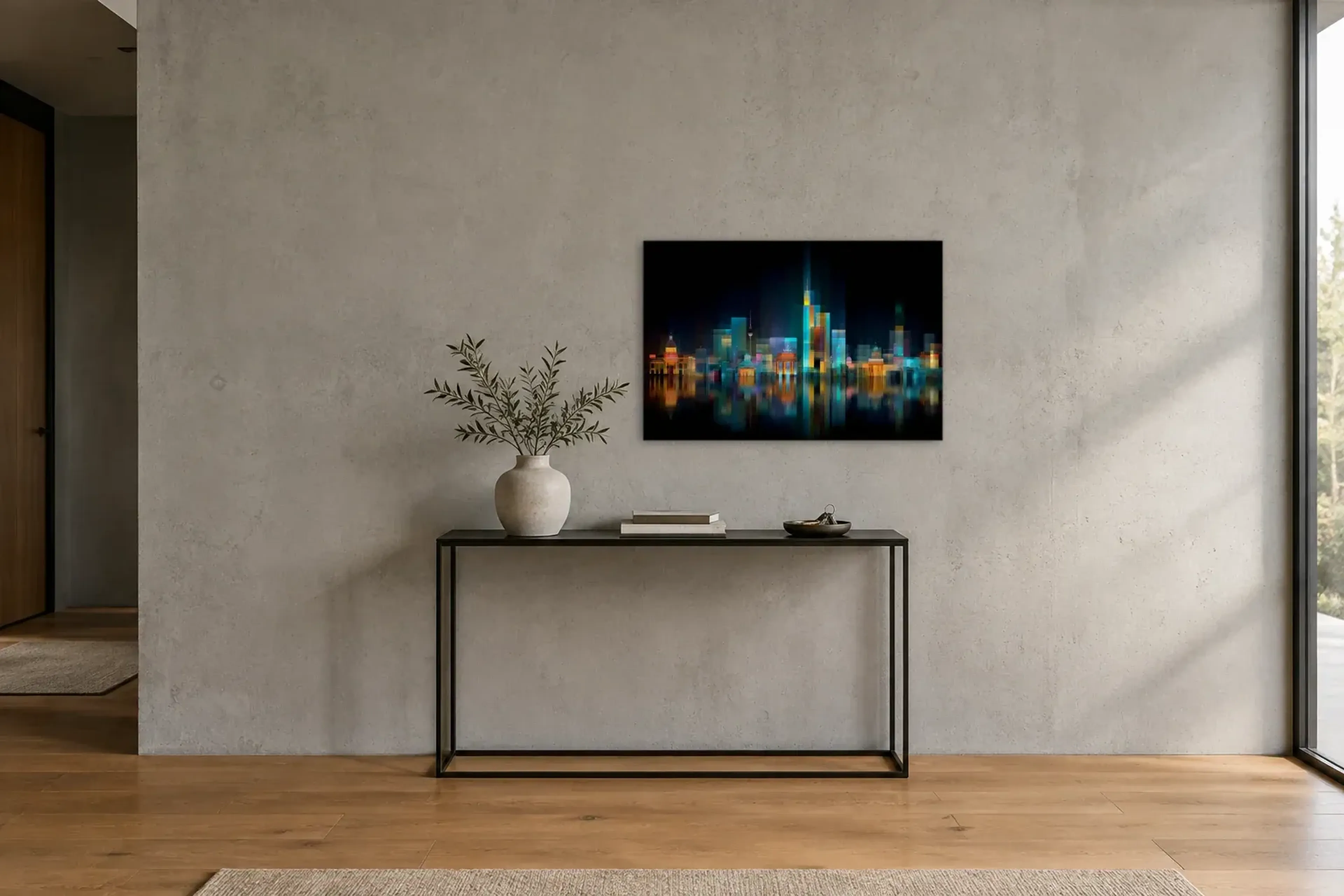 Berlin aus Lichtflächen als Wandbild über einer 120-cm-Konsole