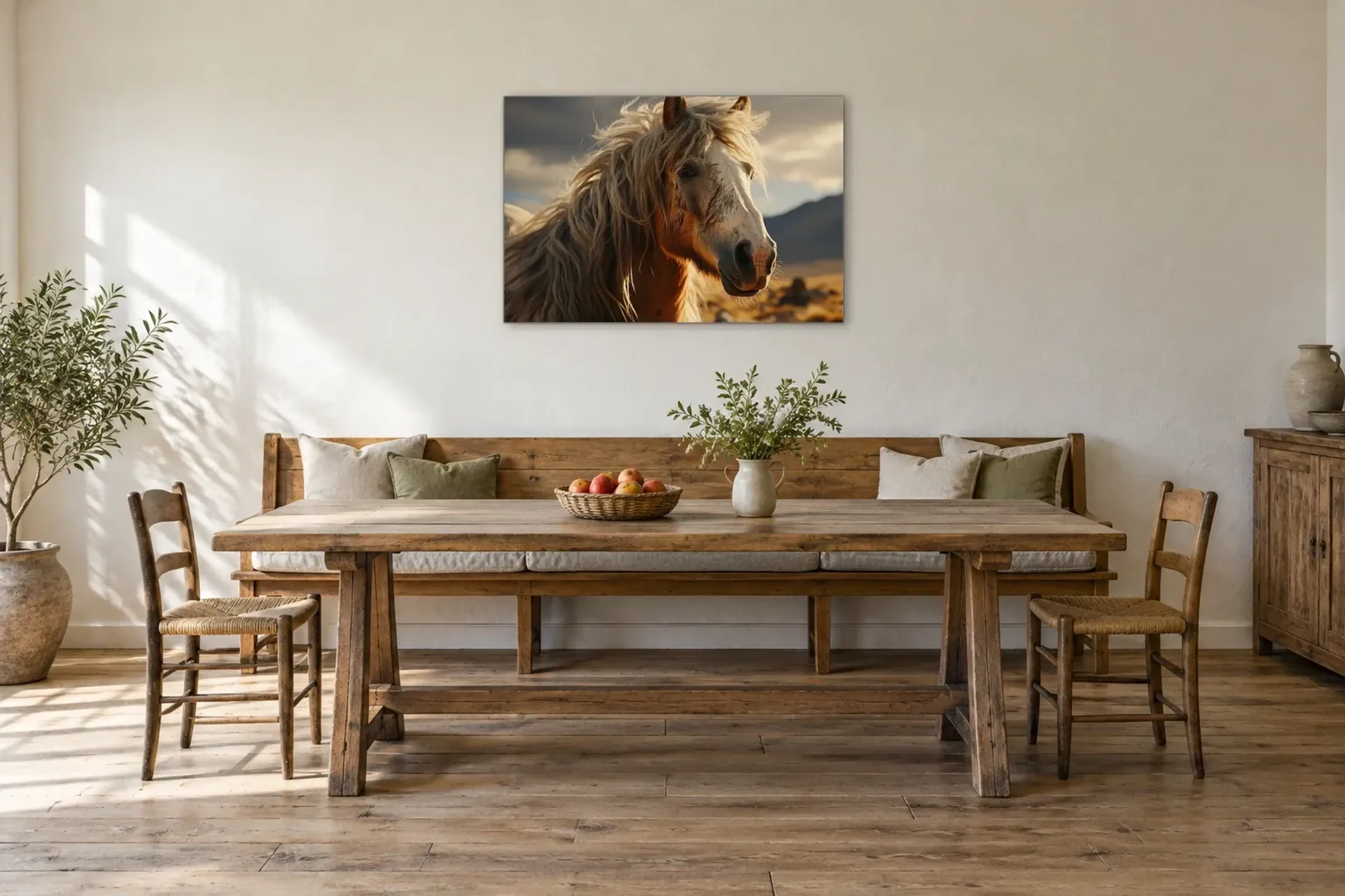 Pferdeporträt im Abendlicht als Wandbild über einer 200-cm-Sitzbank