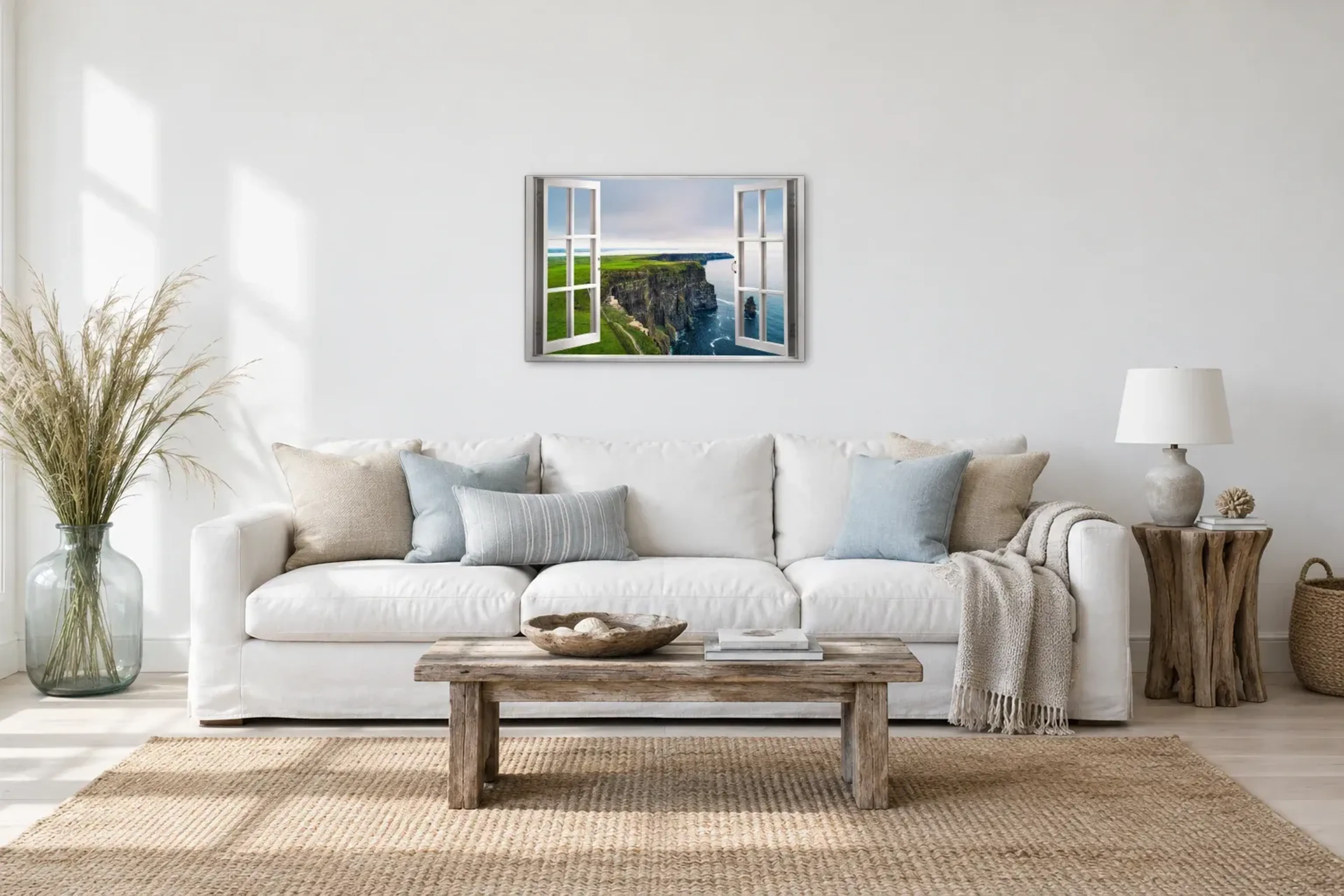Blick auf die Steilküste als Wandbild über einem 220-cm-Sofa