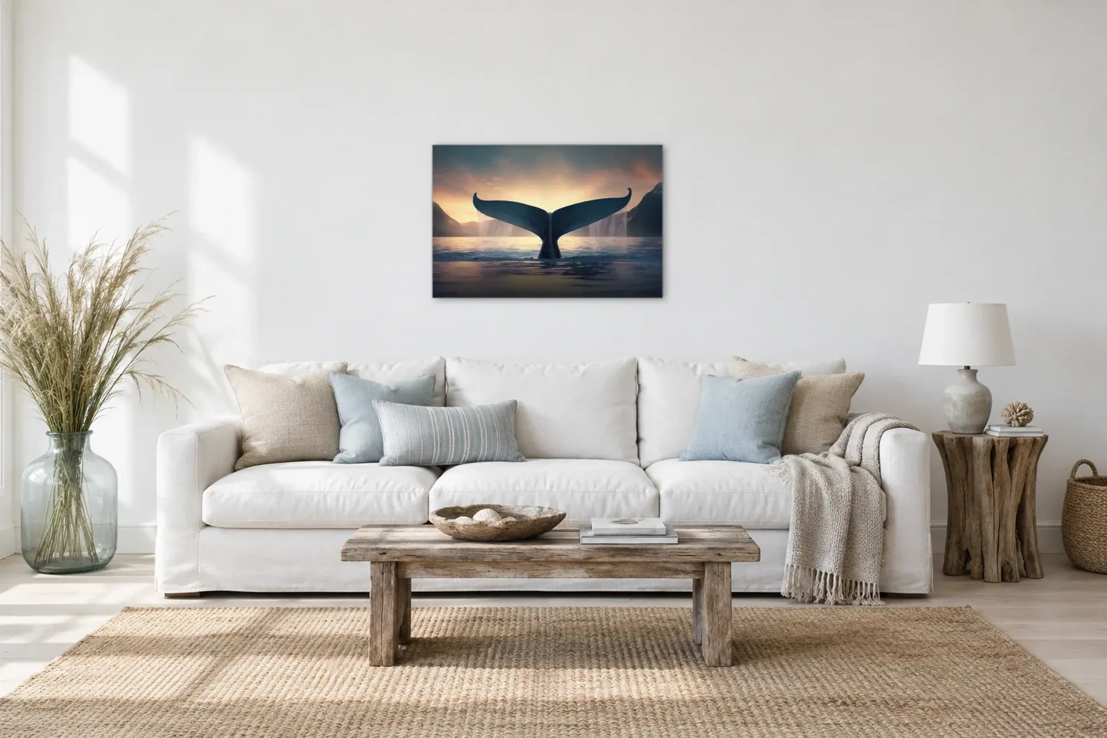 Walflosse im Abendlicht als Wandbild über einem 220-cm-Sofa