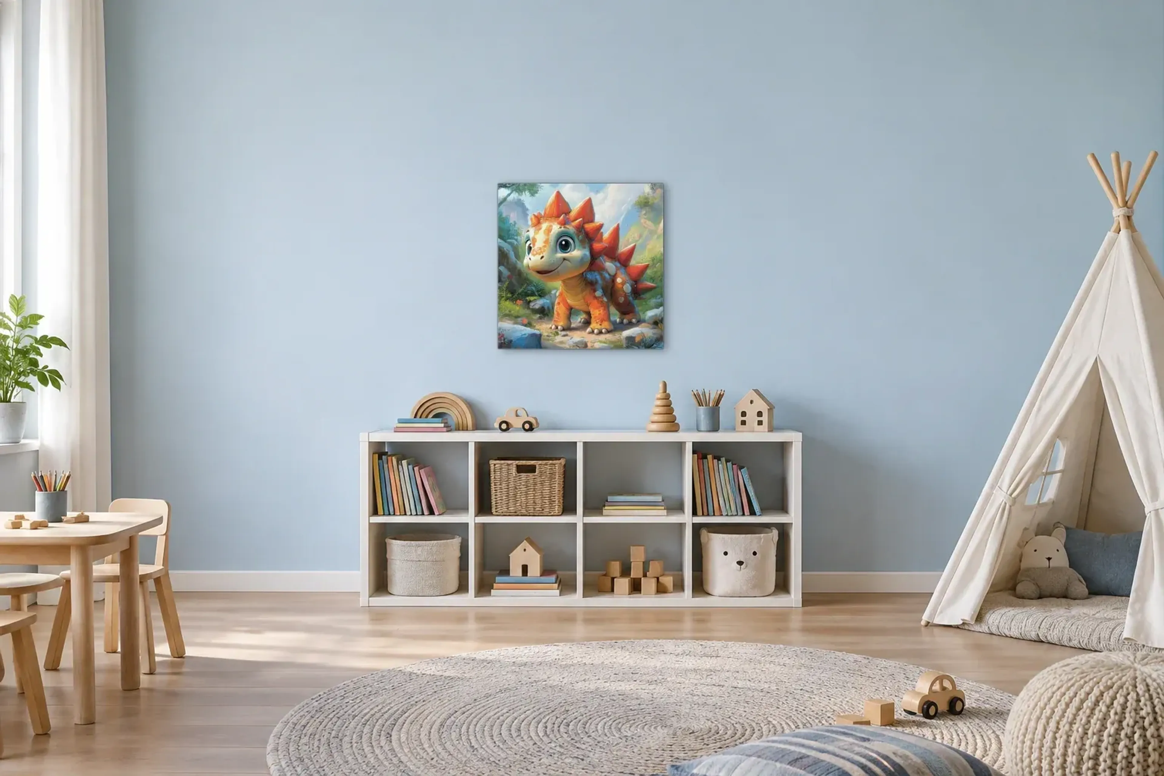 Bunter Dino zwischen Felsen als Wandbild über einem 120-cm-Spielregal