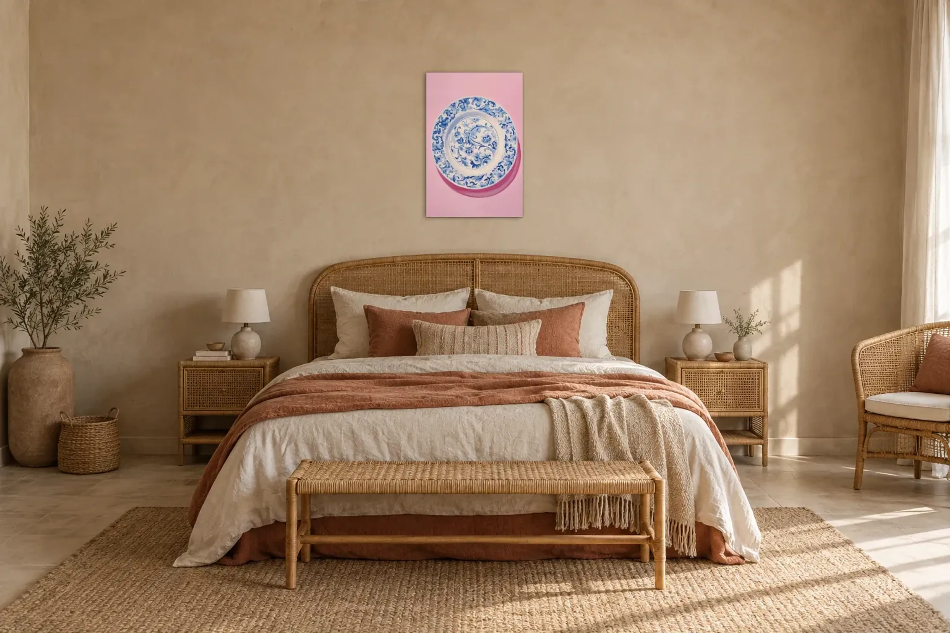 Blütenteller auf Rosa als Wandbild über einem 180-cm-Bett
