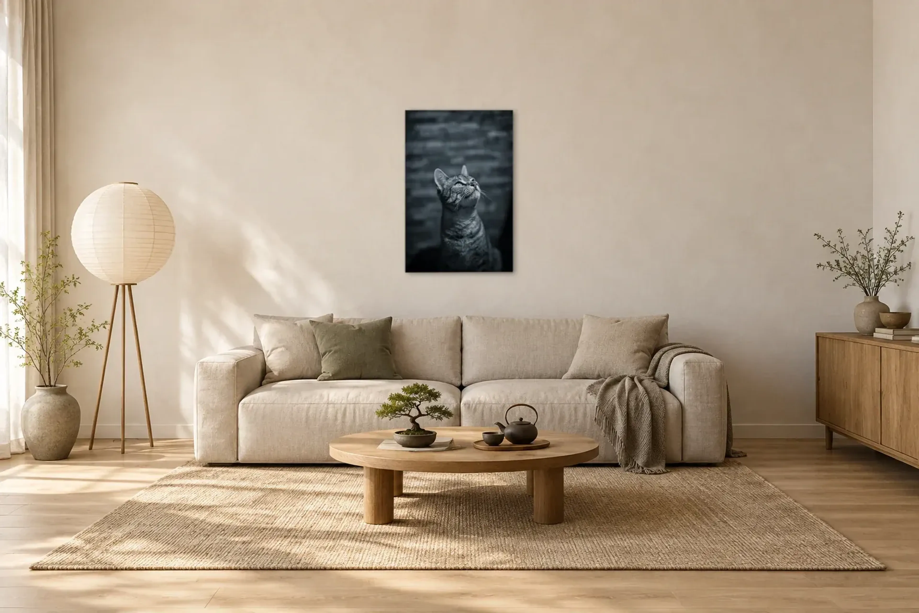 Katze blickt nach oben als Wandbild über einem 220-cm-Sofa