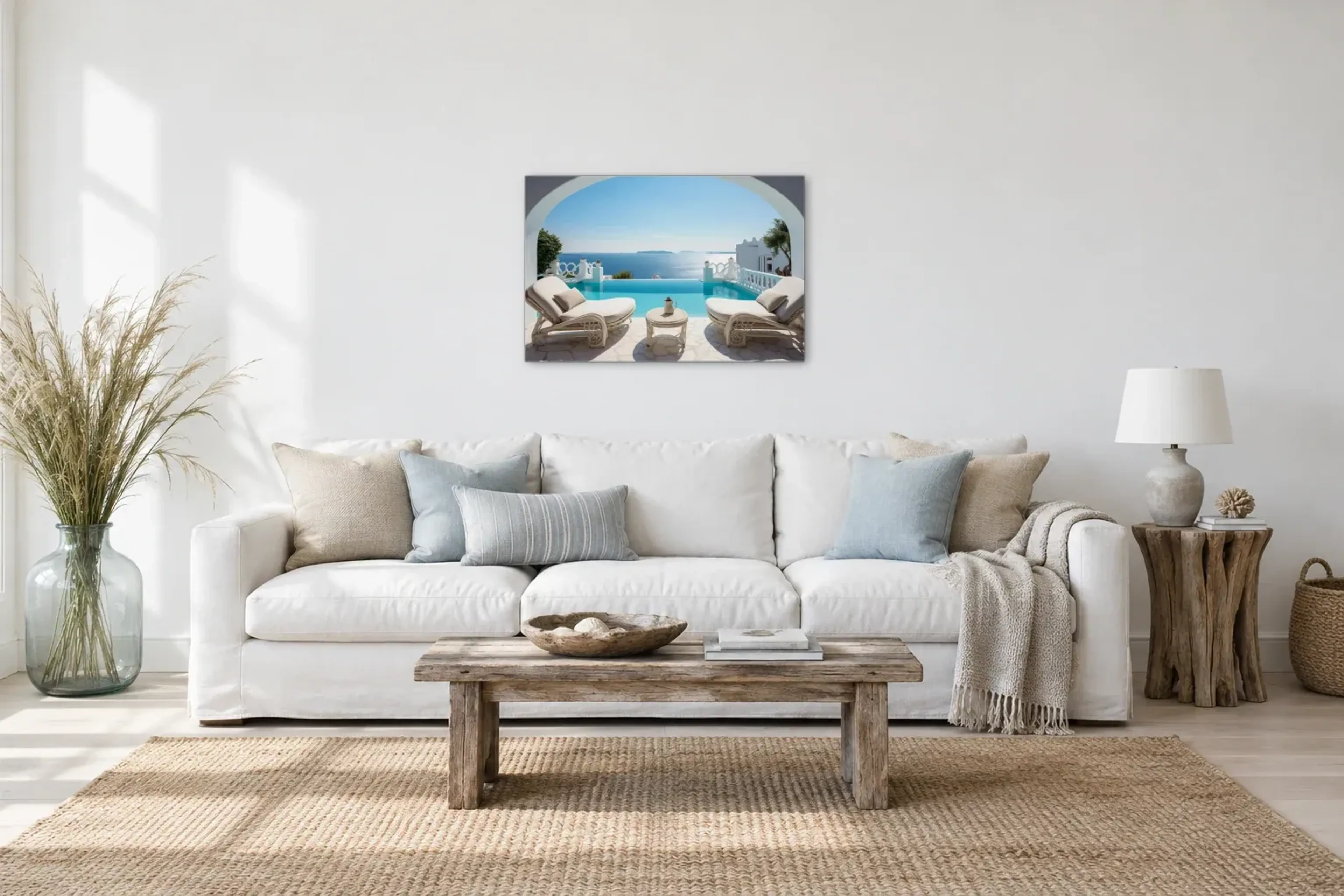Terrasse mit Meerblick als Wandbild über einem 220-cm-Sofa