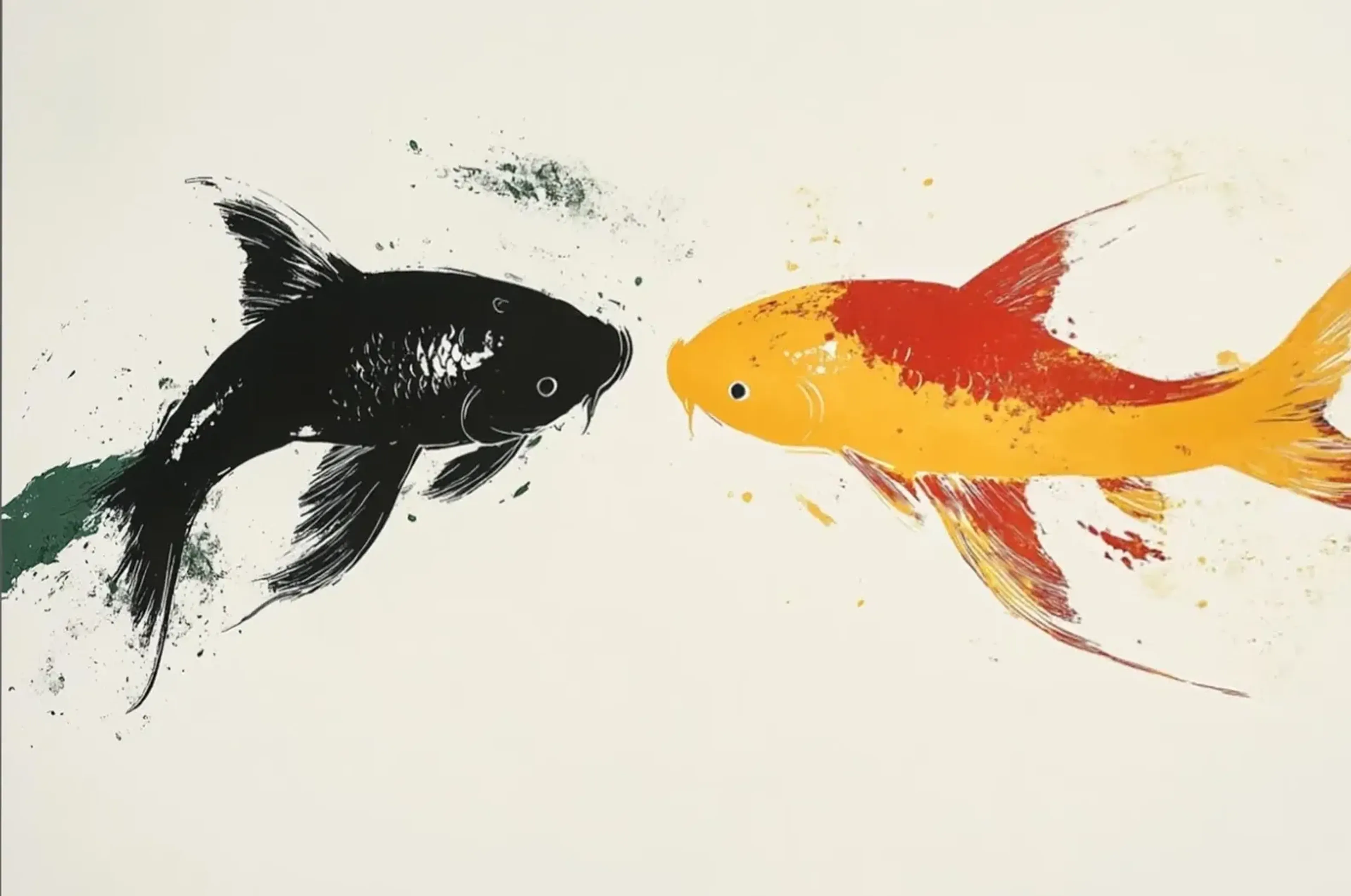 Begegnung der Koi – Motiv als Wandbild auf Holz