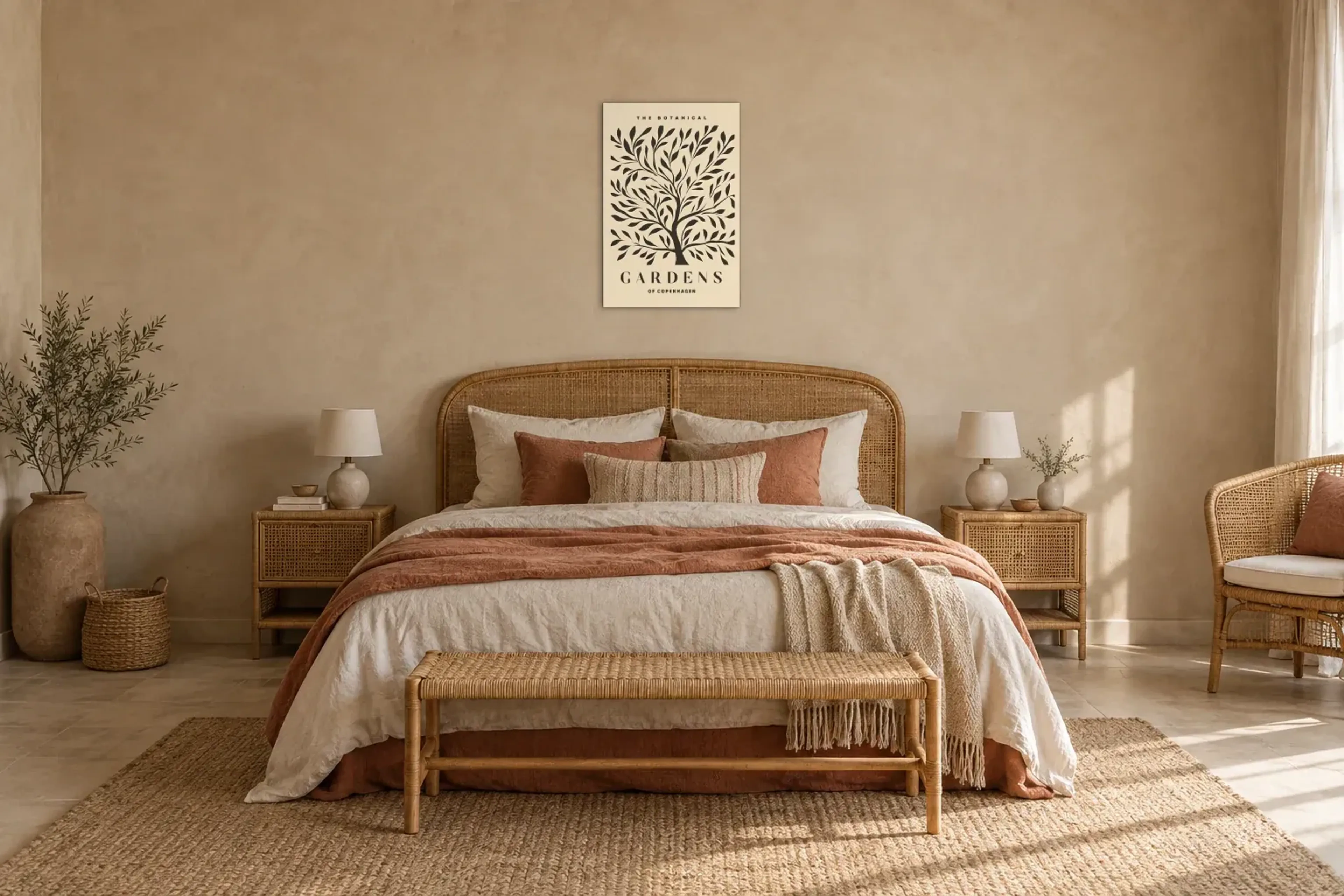 Baum Copenhagen als Wandbild über einem 180-cm-Bett
