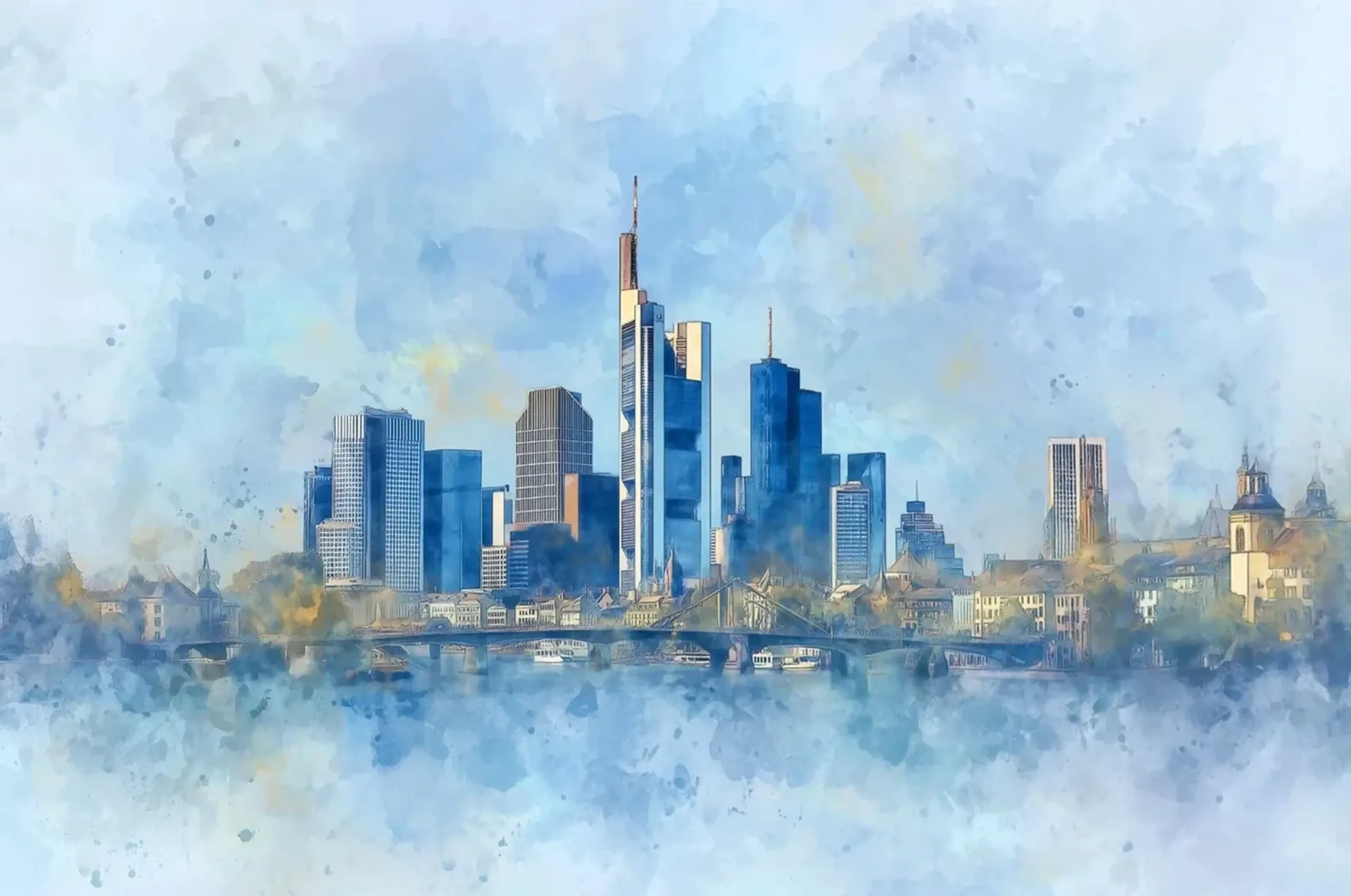 Frankfurter Hochhäuser über einer Brücke, umgeben von wolkigen hellblauen Farbflächen und zarten gelben Akzenten.