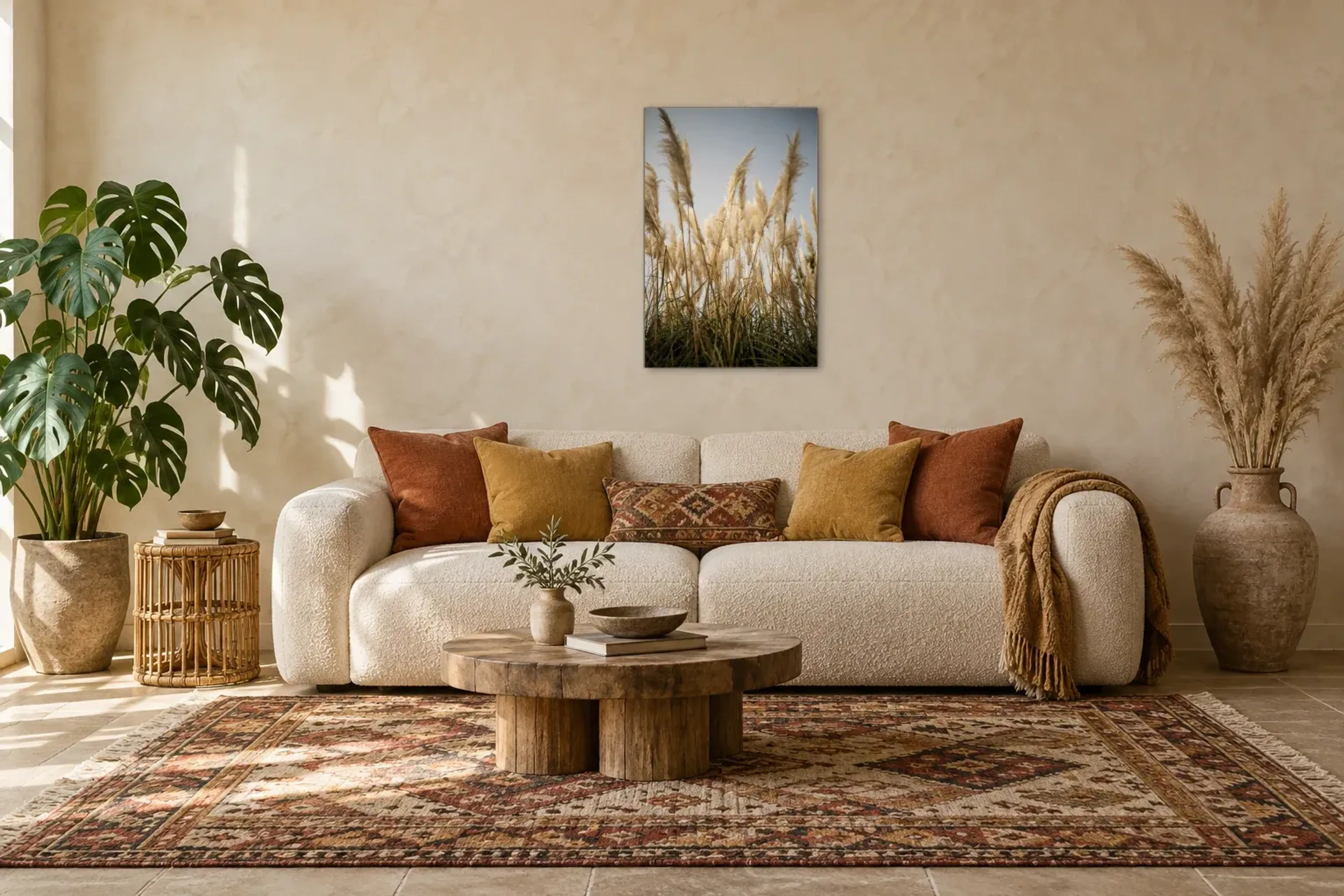 Pampasgras als Wandbild über einem 220-cm-Sofa