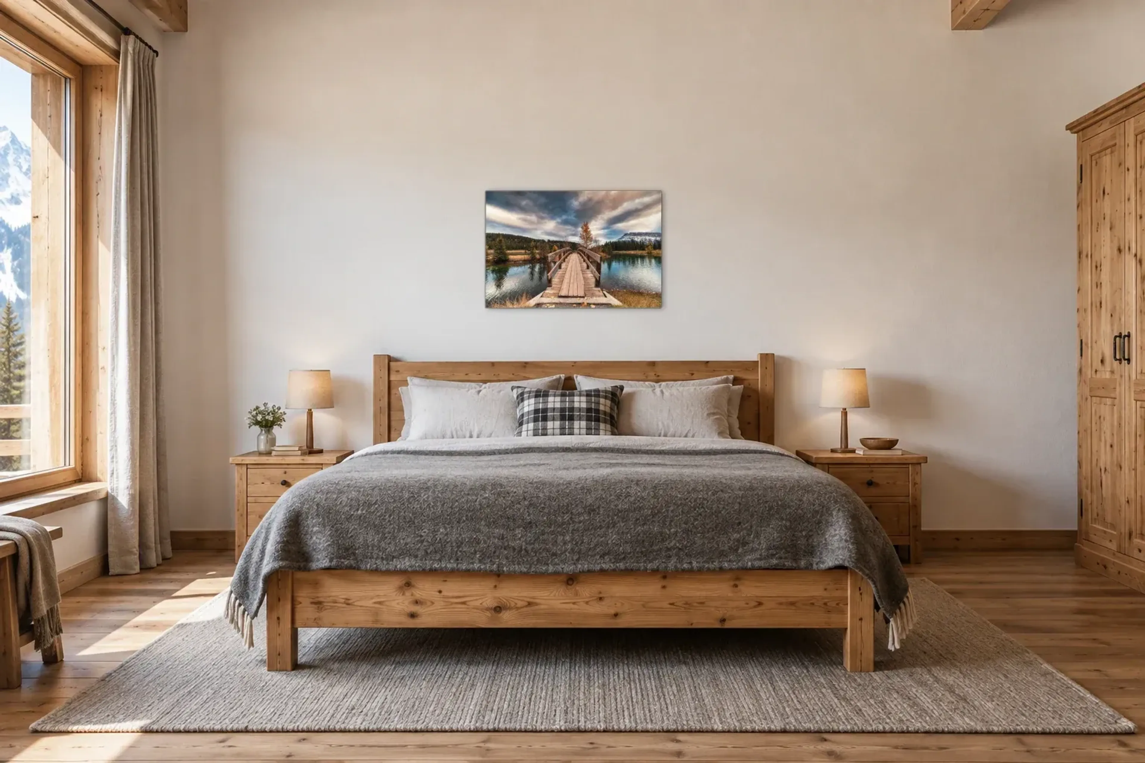 Brücke am Bergsee als Wandbild über einem 180-cm-Bett