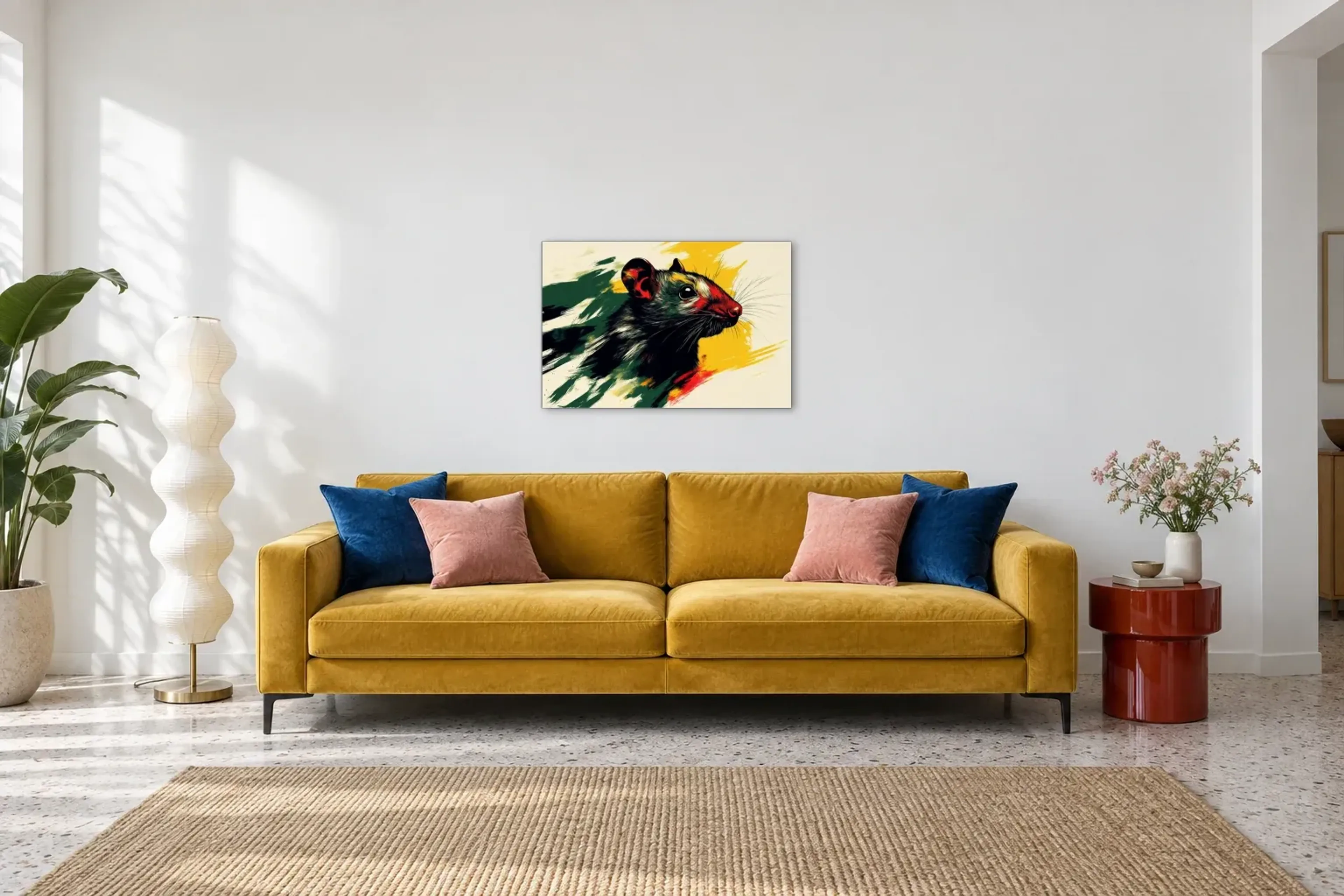 Ratte in Farbe als Wandbild über einem 220-cm-Sofa