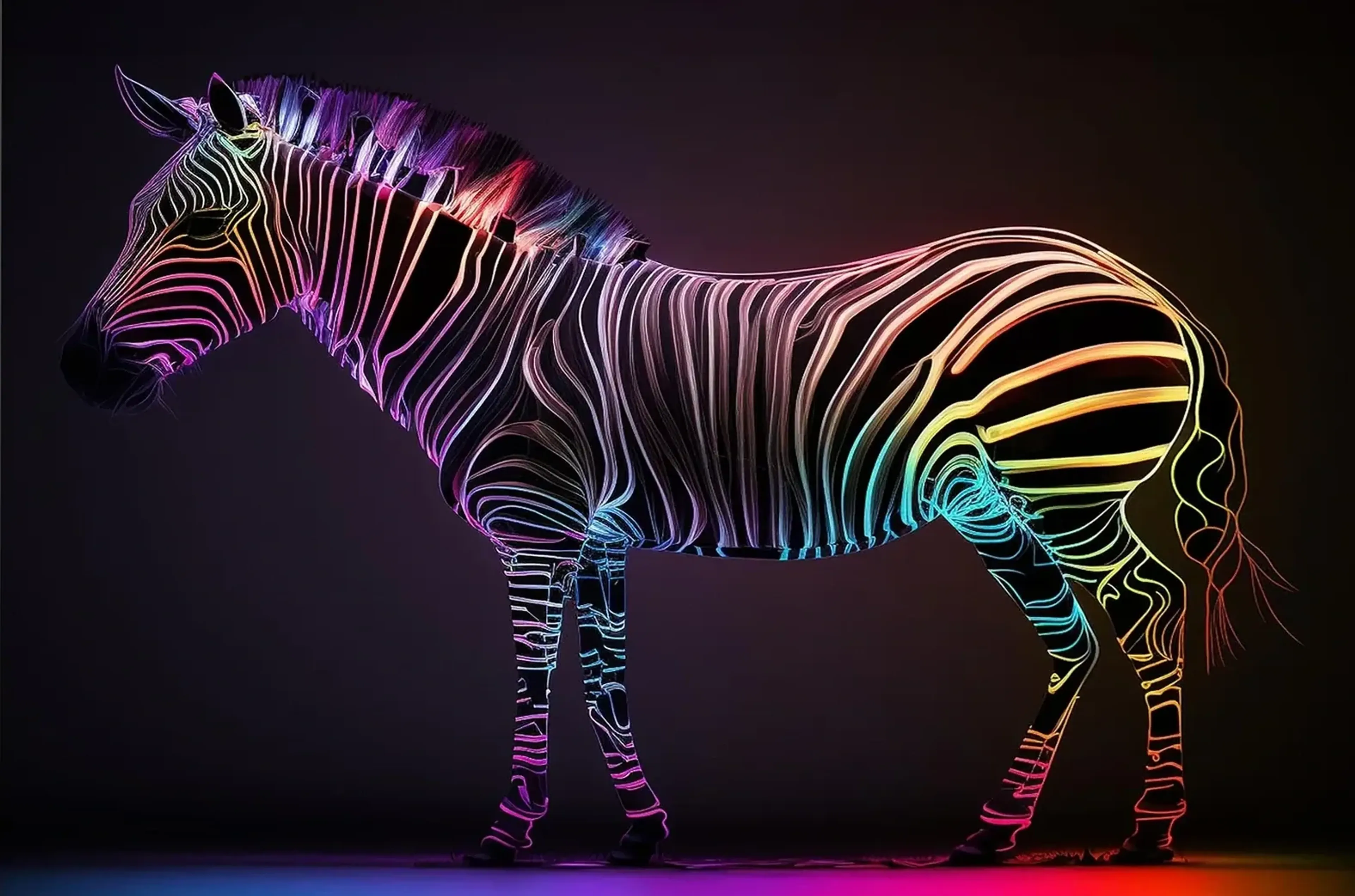 Zebra im Profil mit leuchtenden Streifen in Rosa, Gelb, Türkis und Violett vor dunklem Hintergrund.