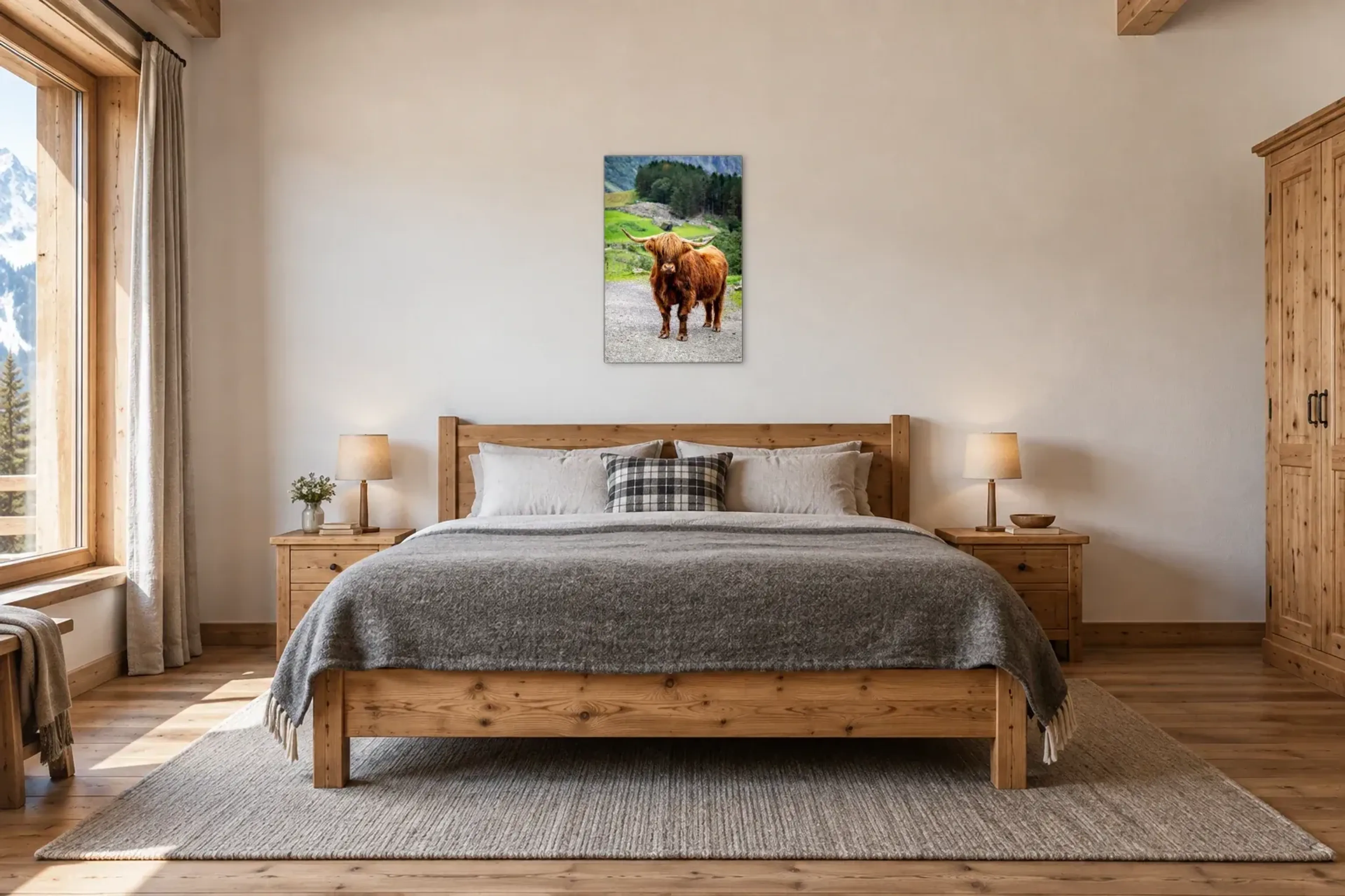 Hochlandrind auf dem Weg als Wandbild über einem 180-cm-Bett
