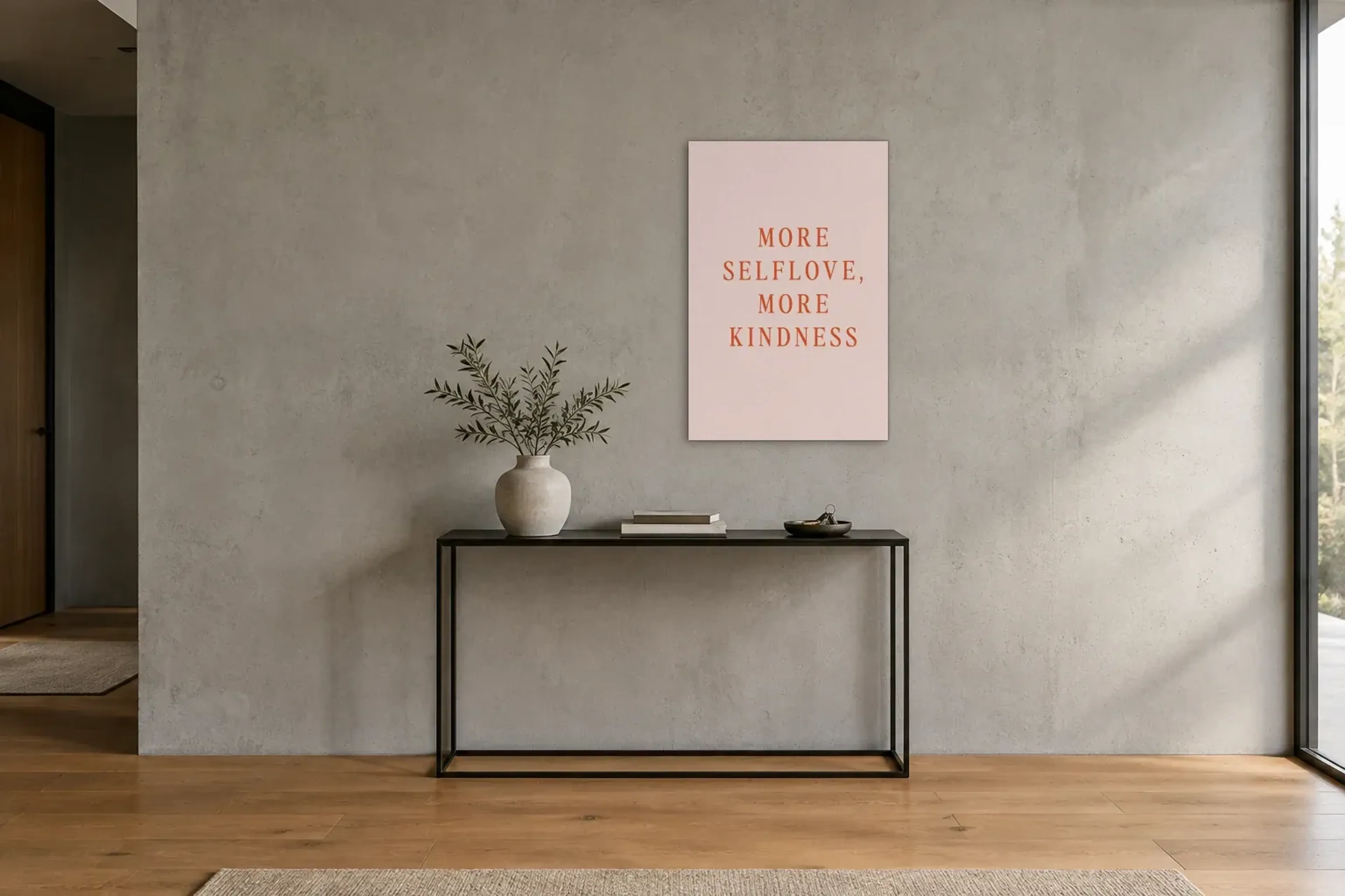 Selflove als Wandbild über einer 120-cm-Konsole