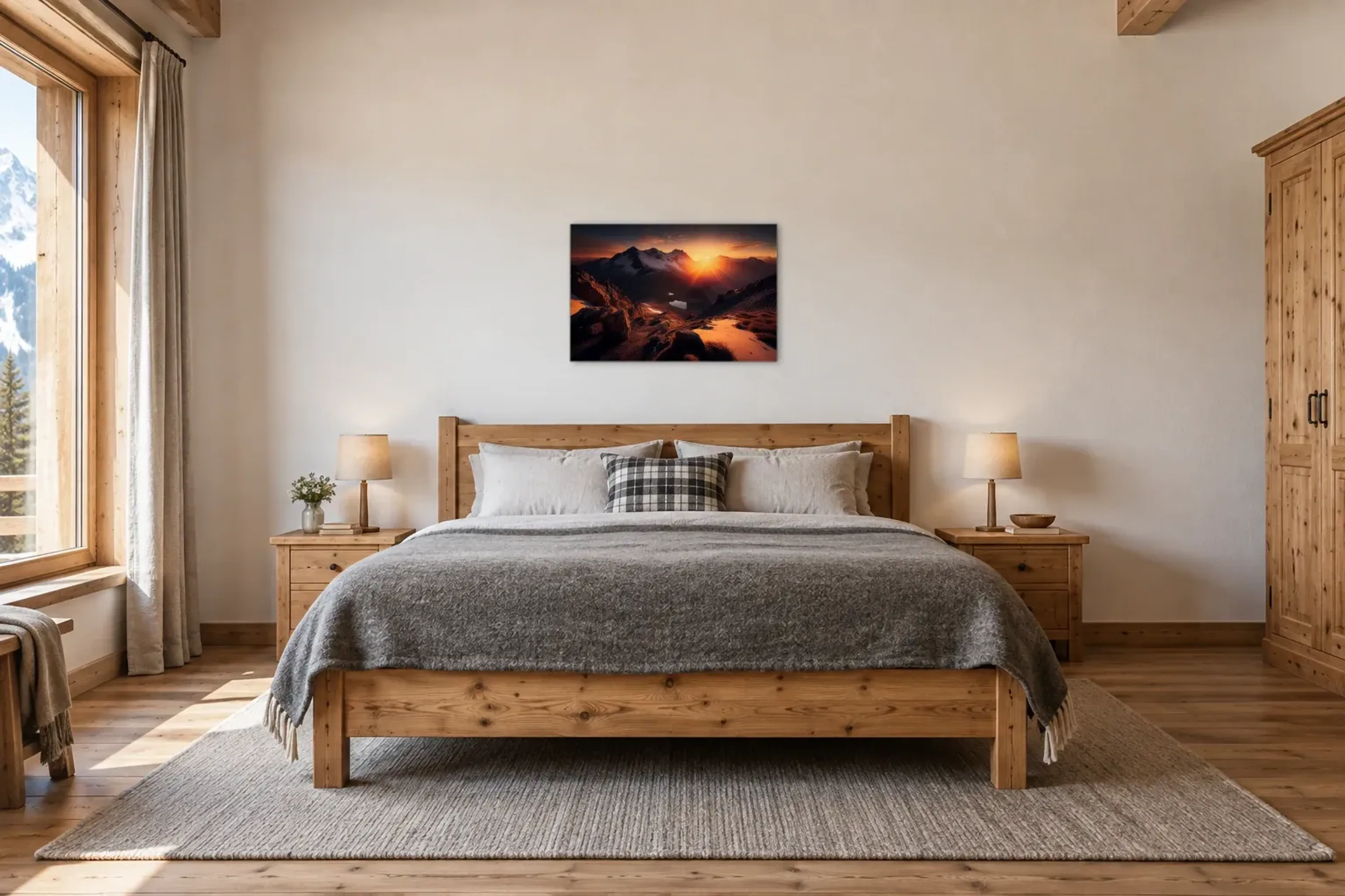 Sonnenuntergang über dem Bergtal als Wandbild über einem 180-cm-Bett