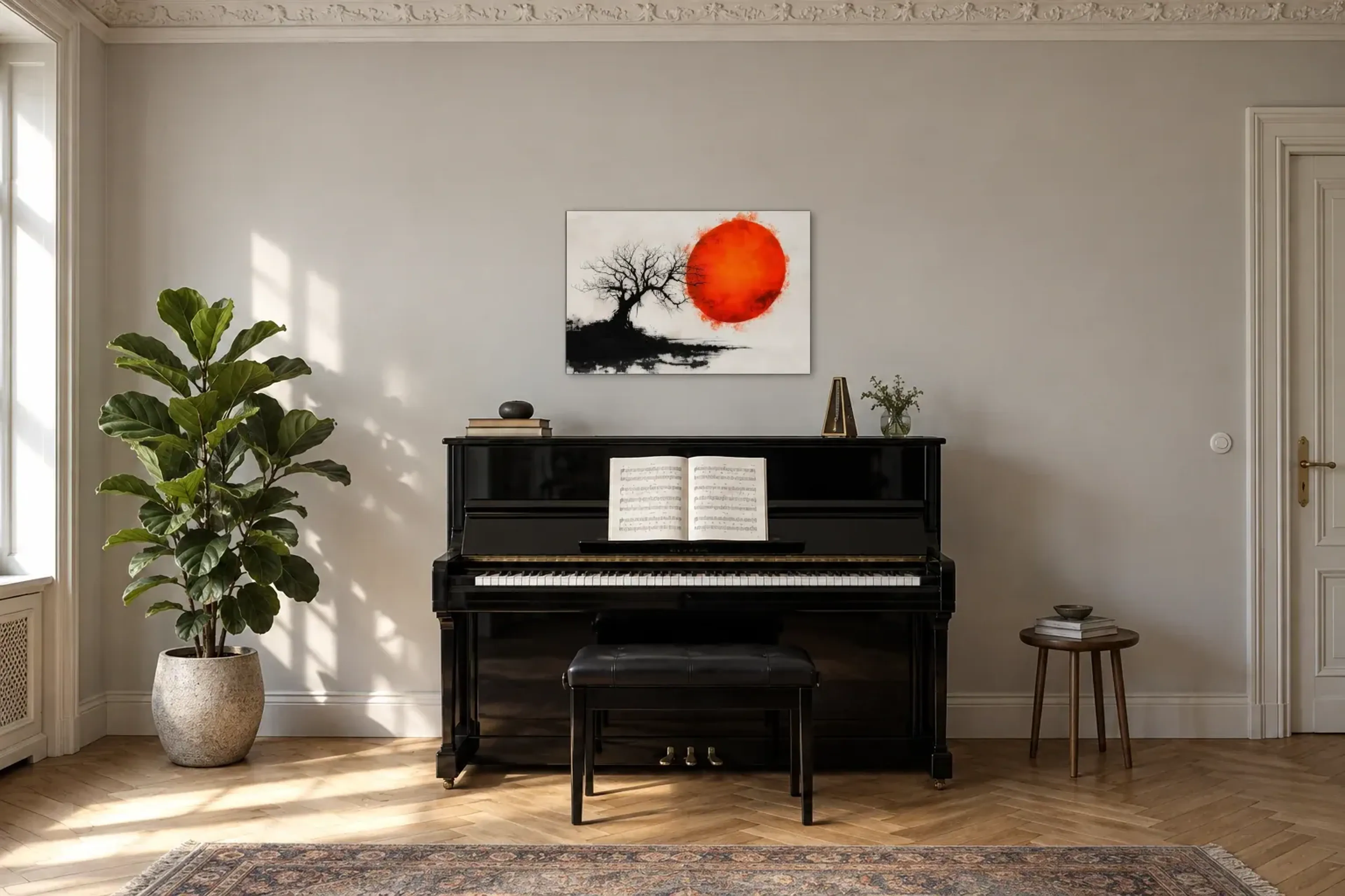 Baum vor roter Sonne als Wandbild über einem 150-cm-Klavier