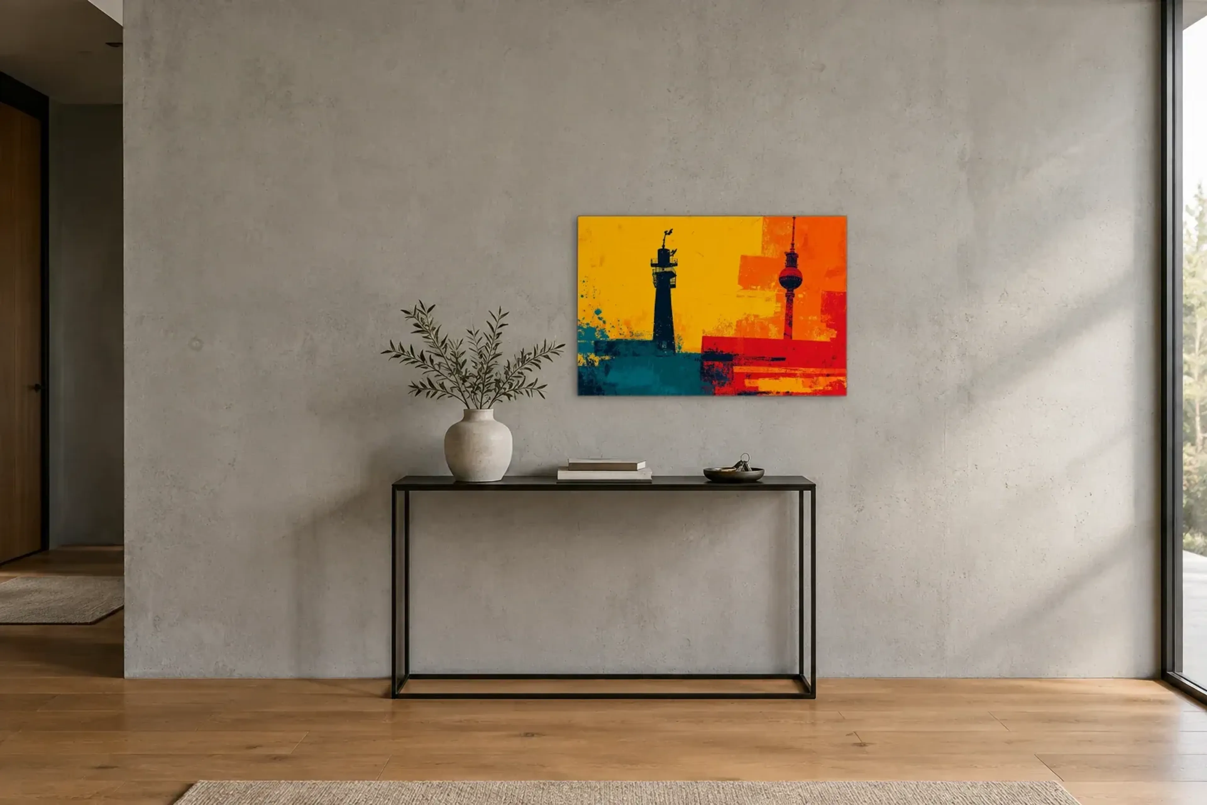 Fernsehturm in Orange als Wandbild über einer 120-cm-Konsole