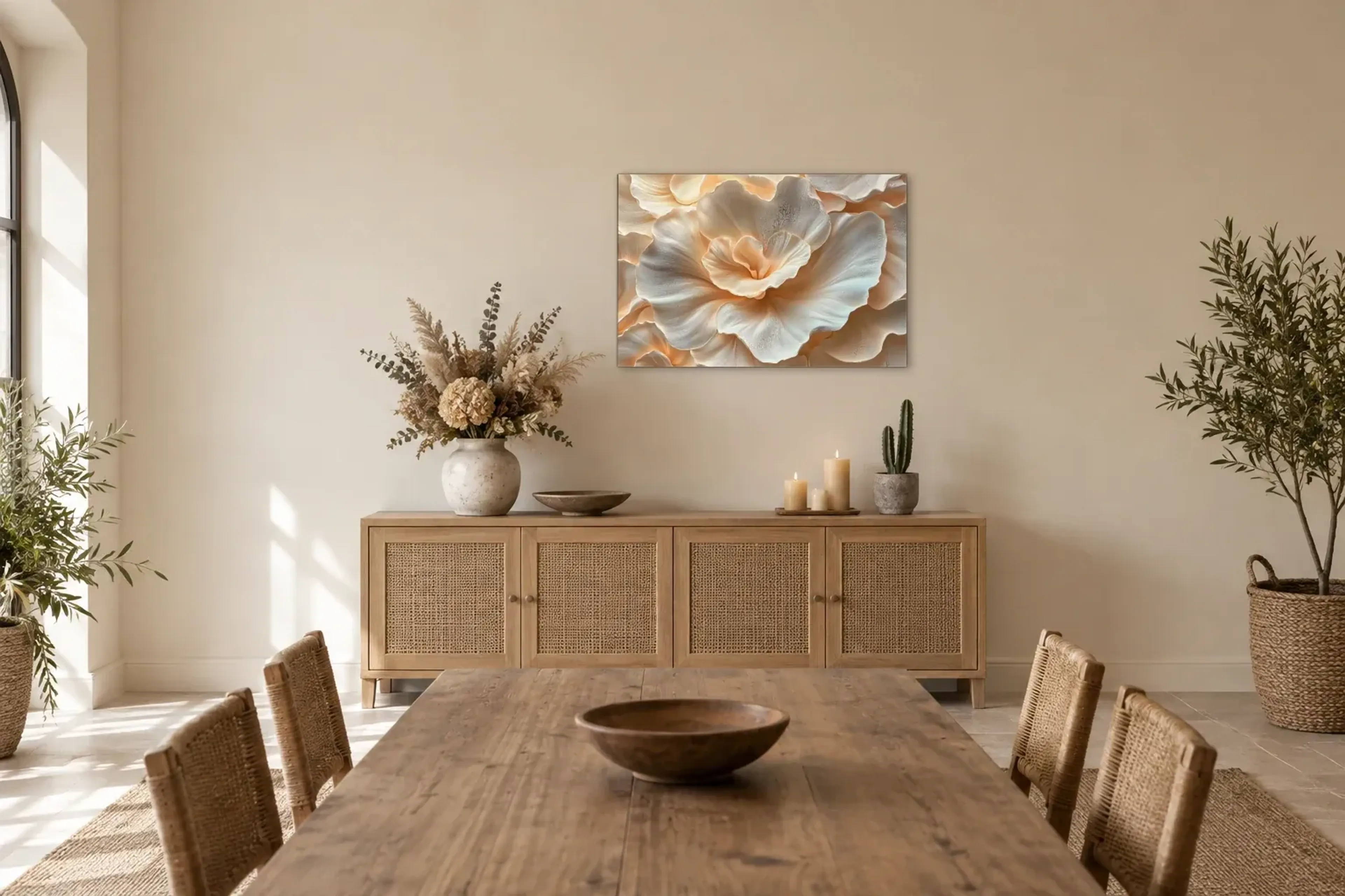 Blüte in Creme als Wandbild über einem 160-cm-Sideboard