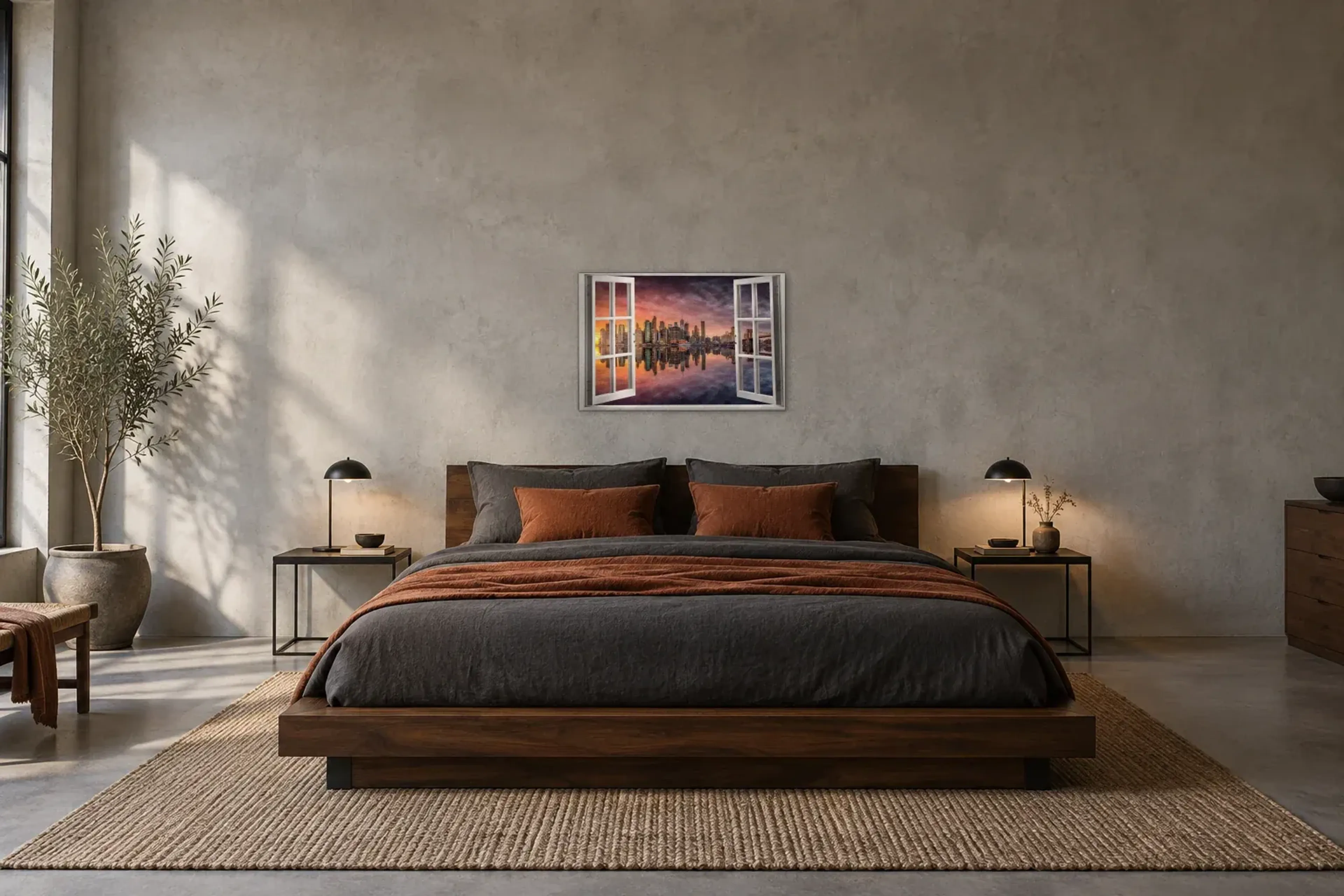 Skyline im Abendlicht als Wandbild über einem 180-cm-Bett