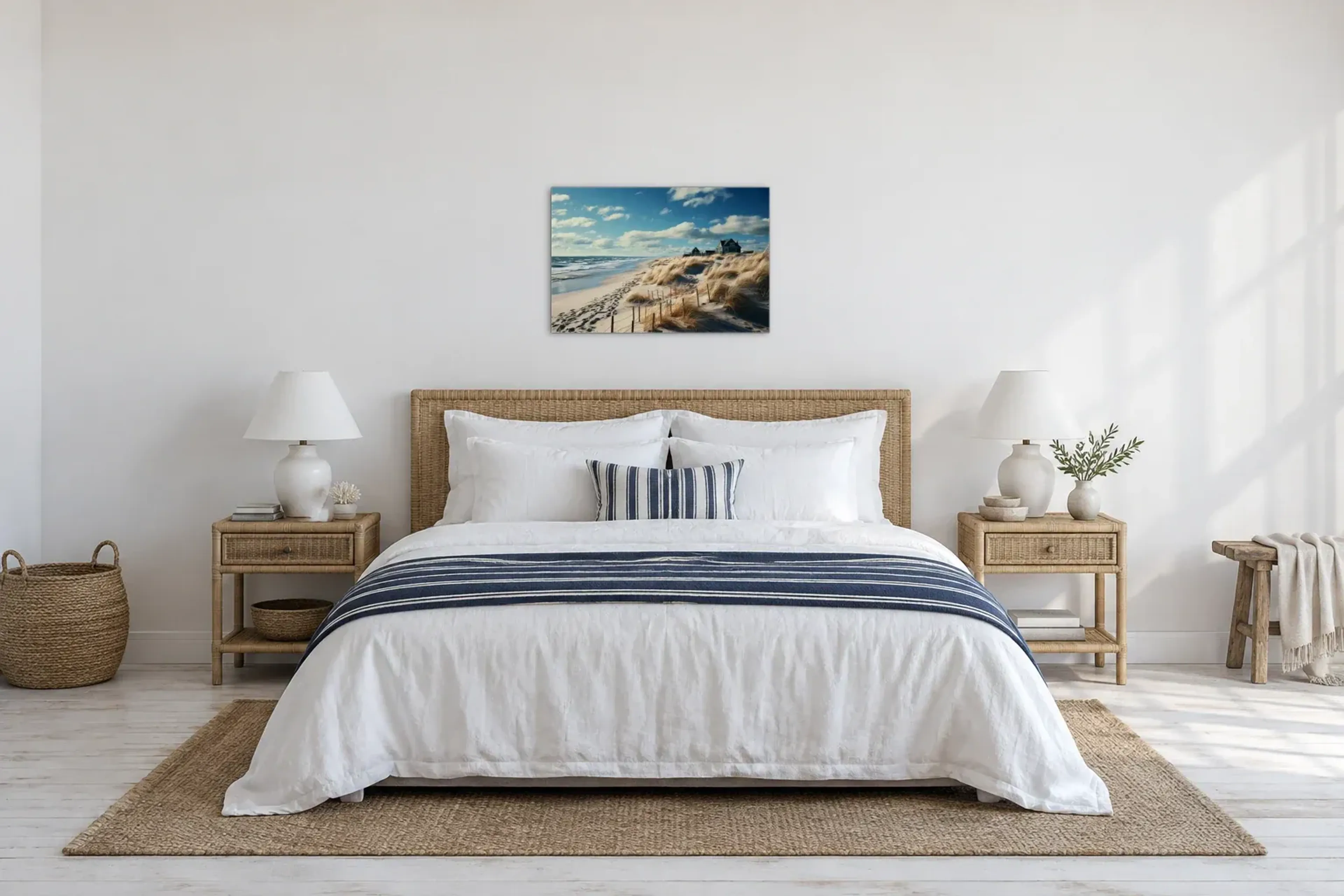Sylt Düne als Wandbild über einem 180-cm-Bett