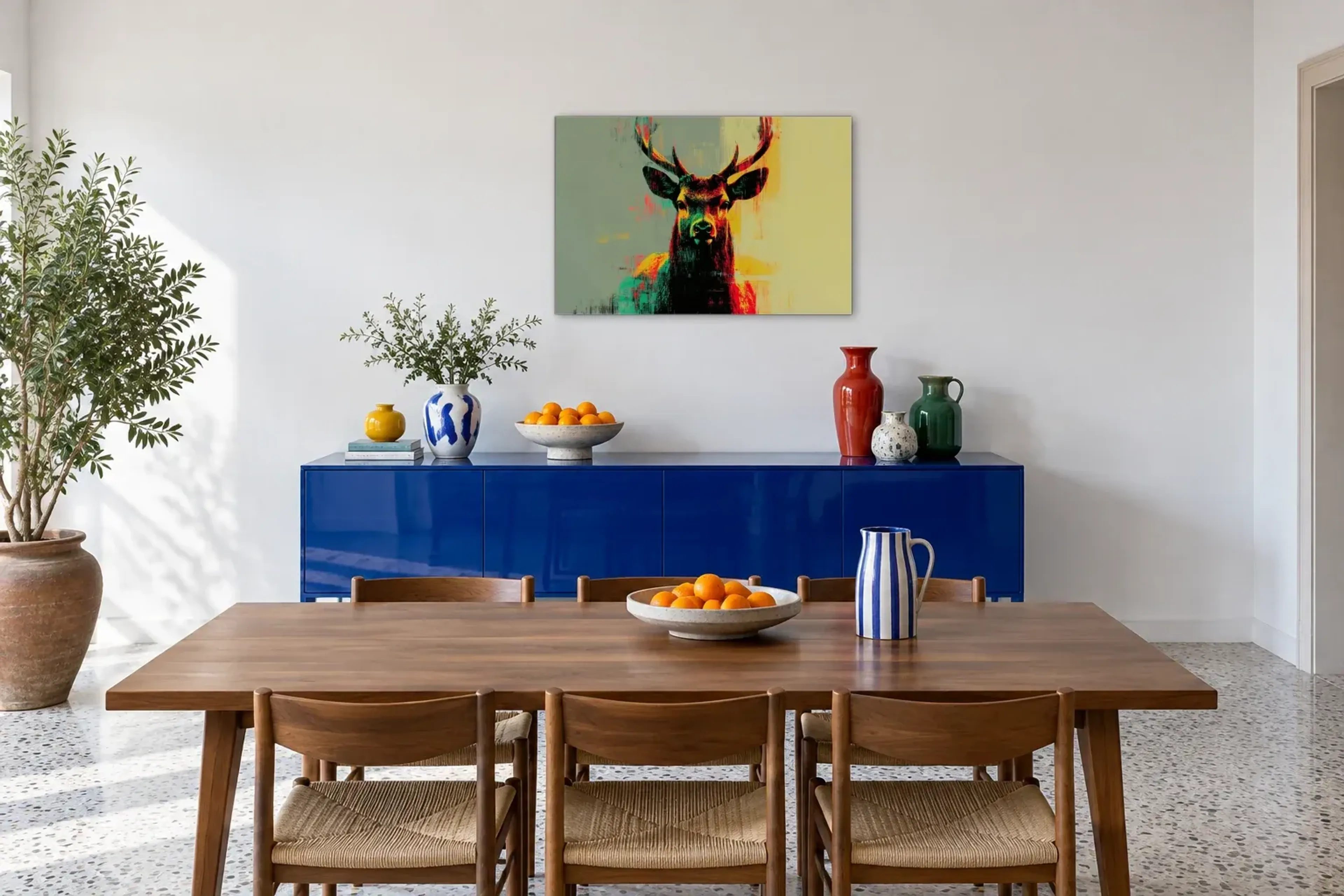 Hirsch in Türkisgelb als Wandbild über einem 180-cm-Sideboard