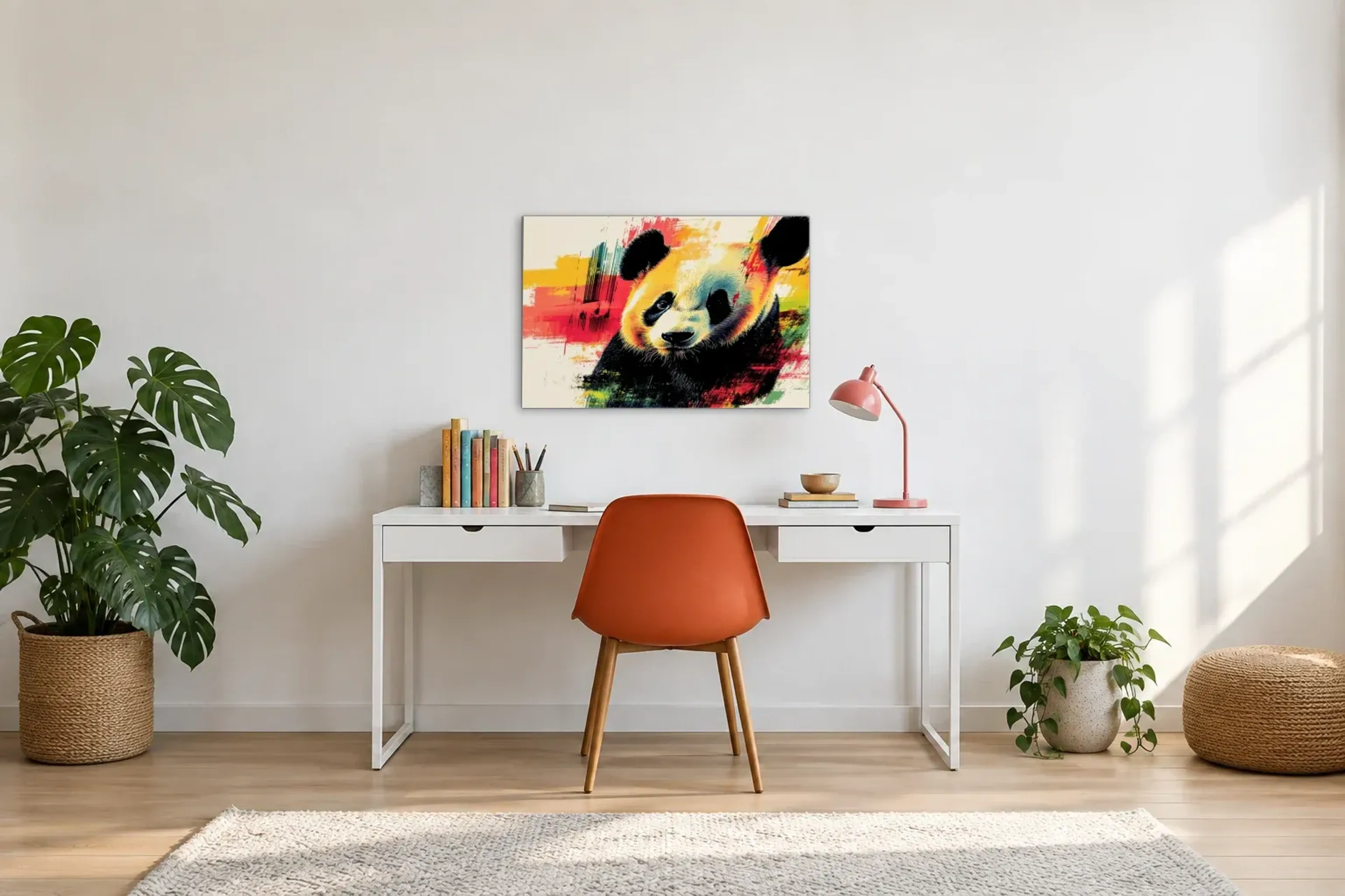 Panda mit Kopfneigung als Wandbild über einem 140-cm-Schreibtisch