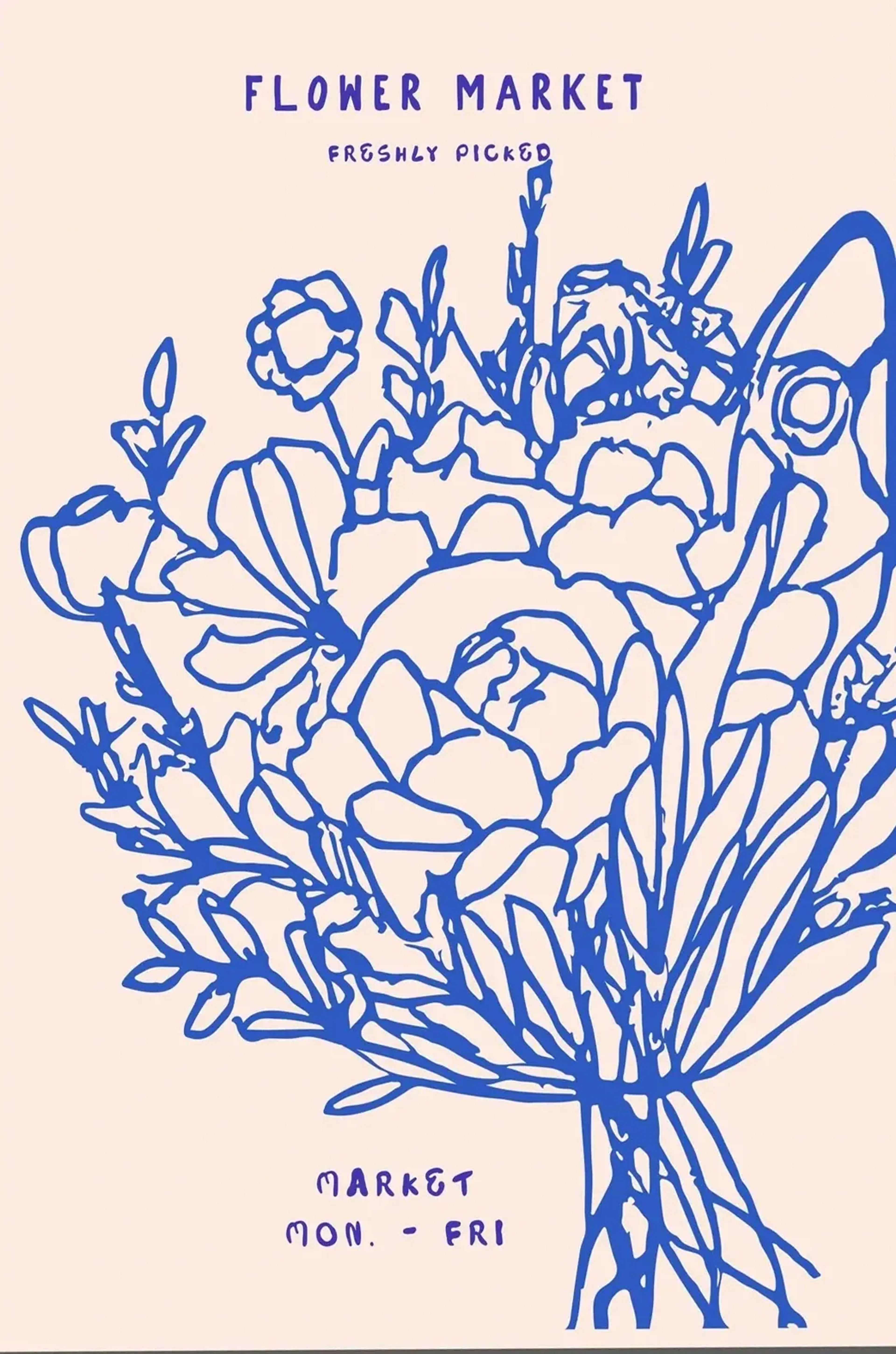 Blaue Linienzeichnung eines angeschnittenen Blumenstraußes auf Pfirsichton mit der Aufschrift „Flower Market“.