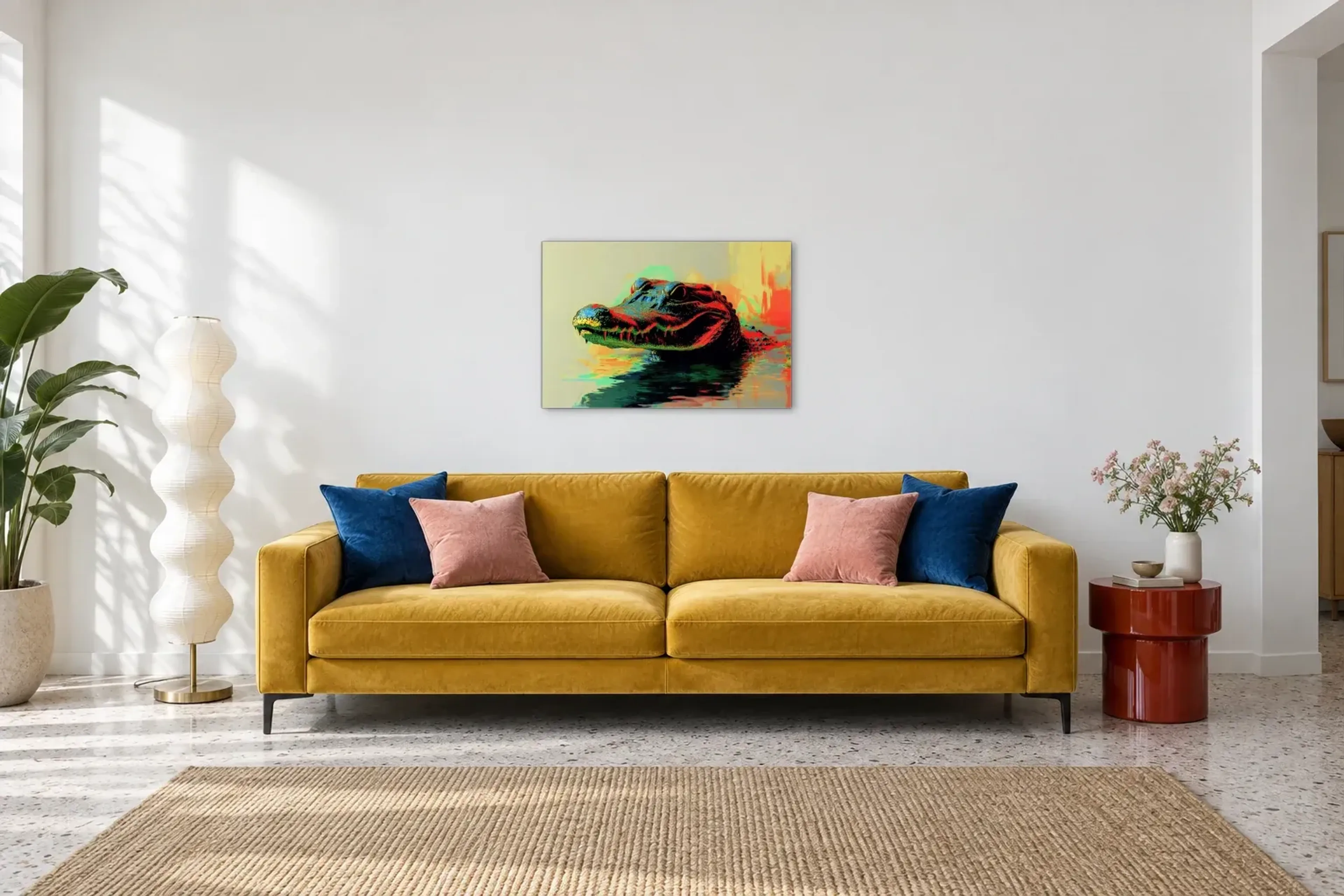 Krokodil im Wasser als Wandbild über einem 220-cm-Sofa