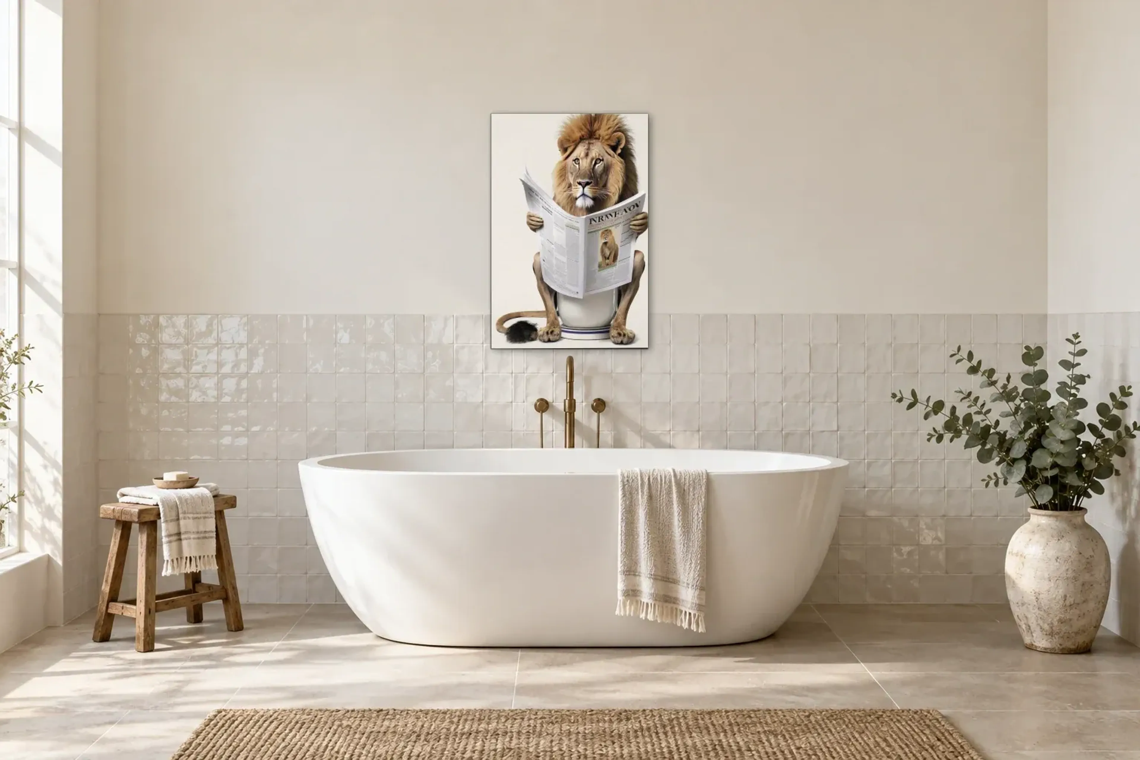 Löwe mit Zeitung als Wandbild über einer 170-cm-Badewanne