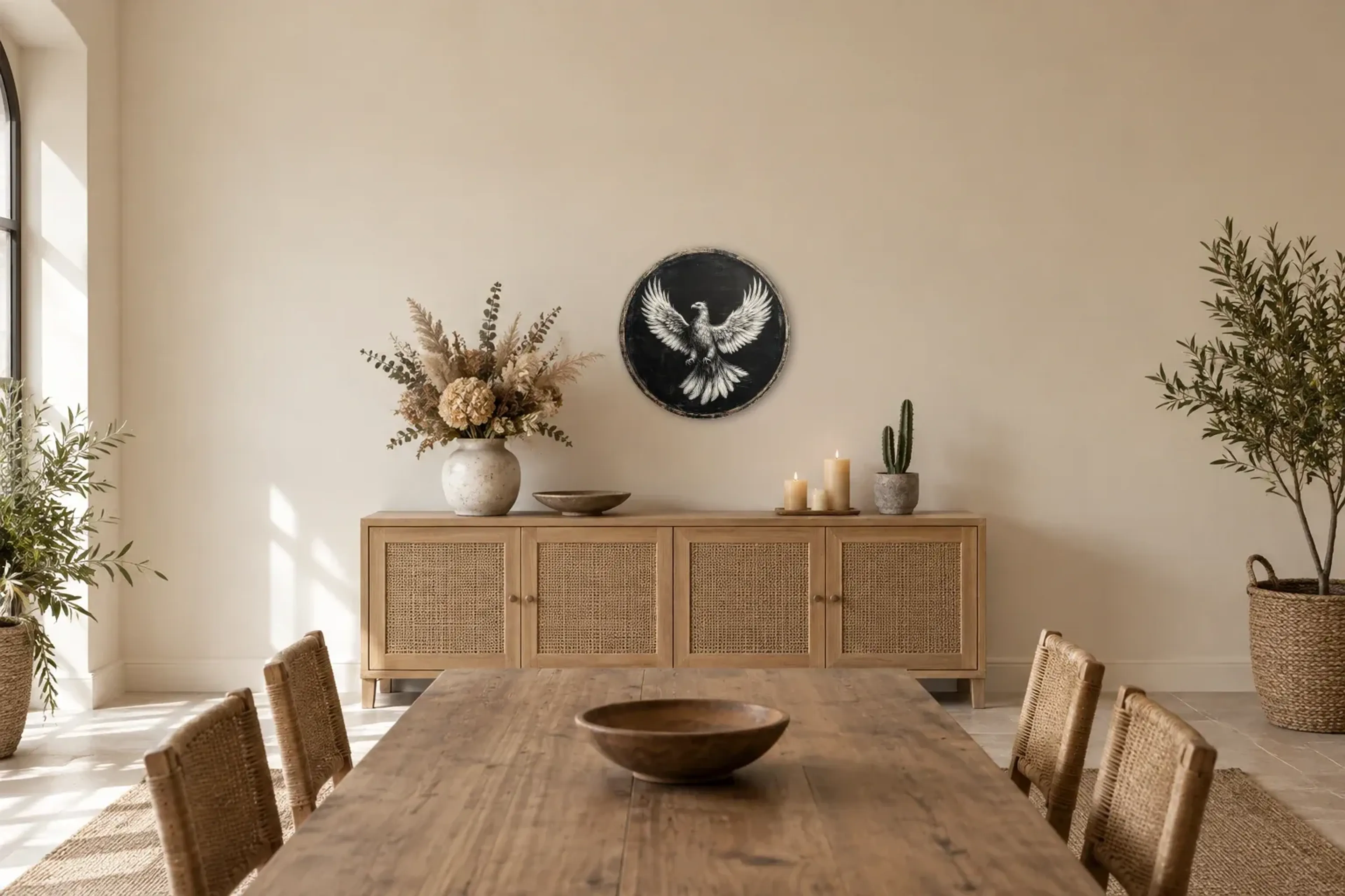 Phönix mit Schwingen als Wandbild über einem 160-cm-Sideboard