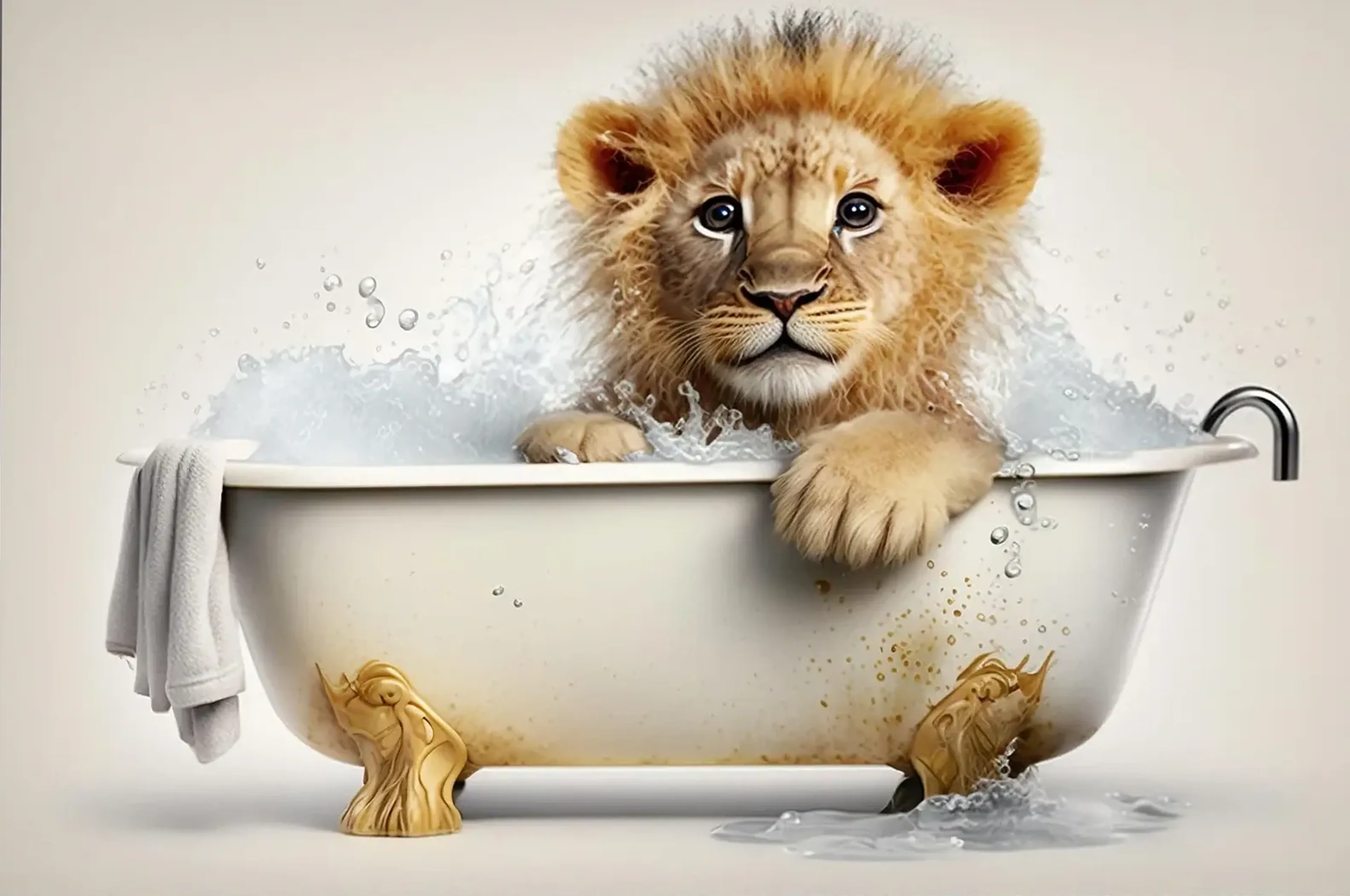 Löwenjunges in einer cremefarbenen Badewanne mit goldfarbenen Füßen, weißem Handtuch und spritzendem Wasser.