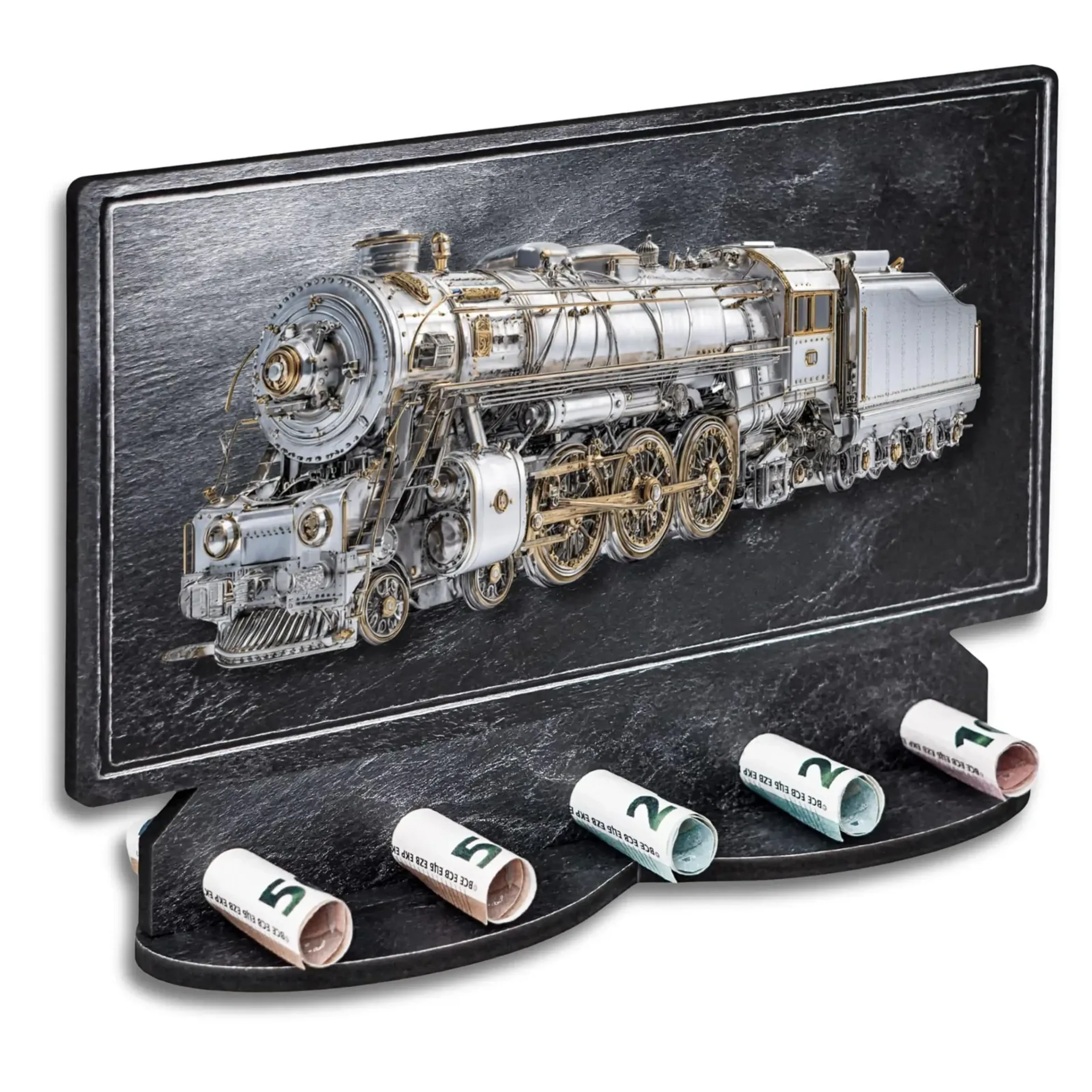 Geldgeschenk in dunkler Schieferoptik mit silber- und goldfarbener Dampflokomotive sowie gerollten Geldscheinen.