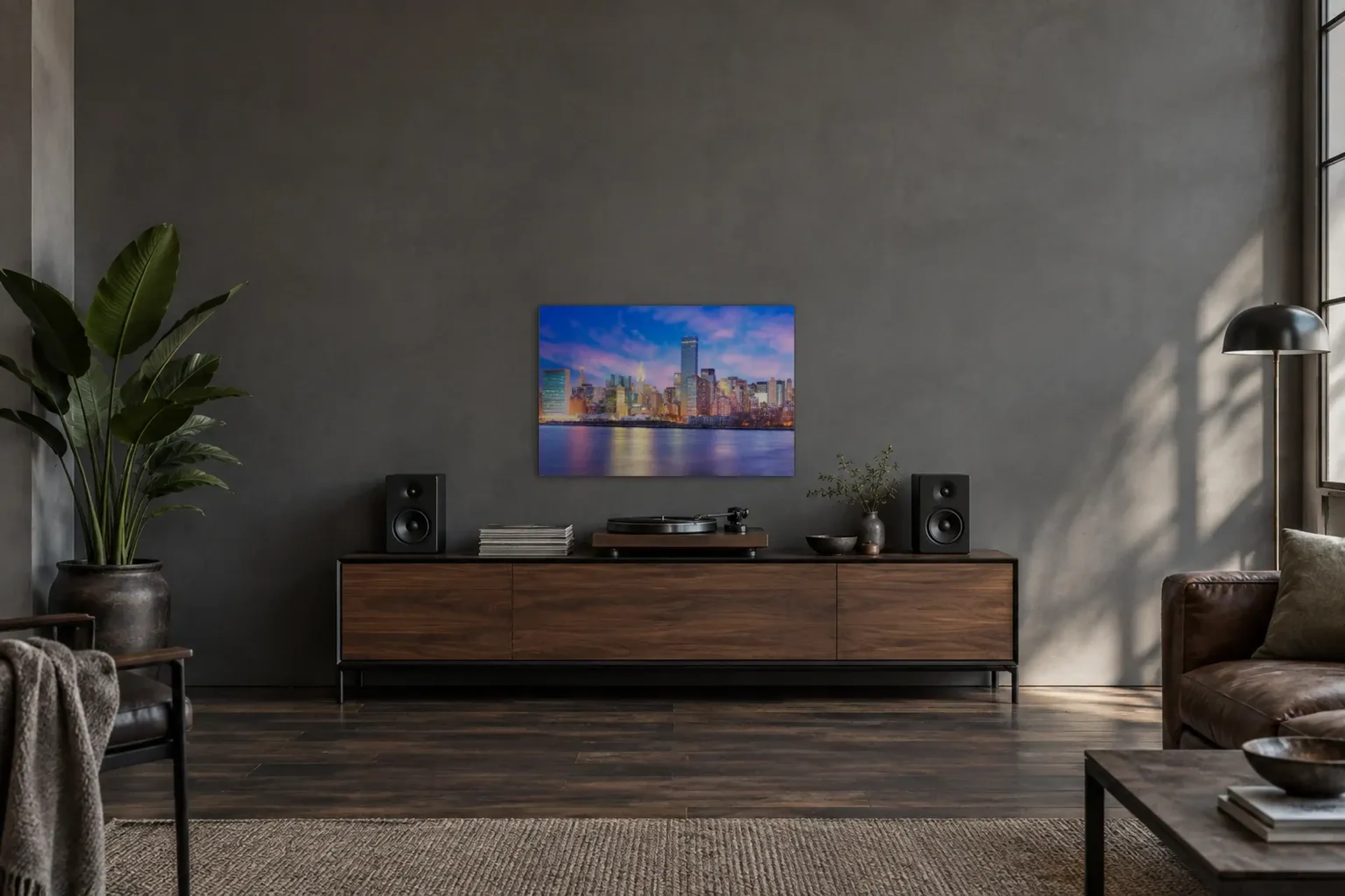 Manhattan in Blau und Rosa als Wandbild über einem 200-cm-Sideboard