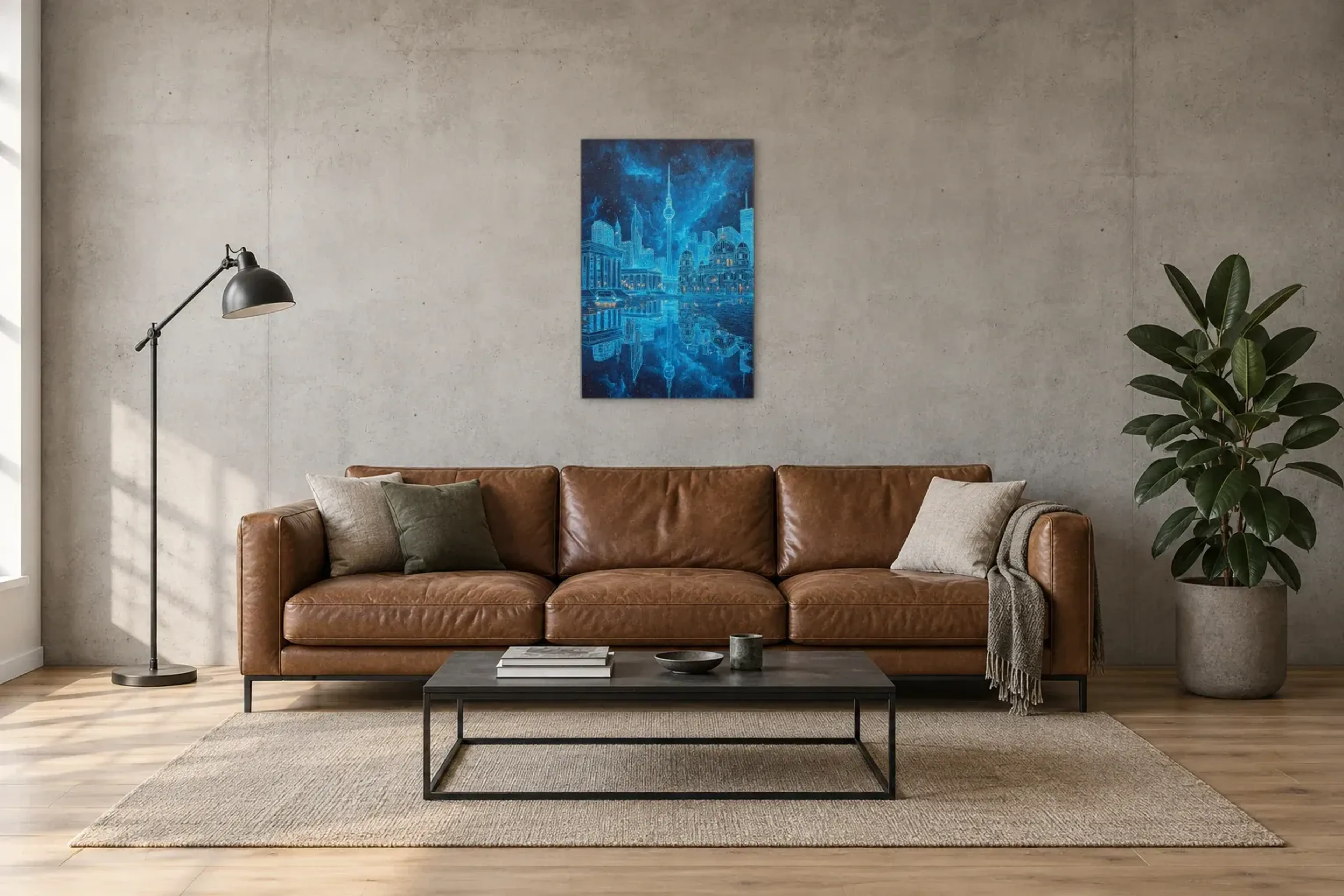 Berlin in leuchtendem Blau als Wandbild über einem 220-cm-Sofa