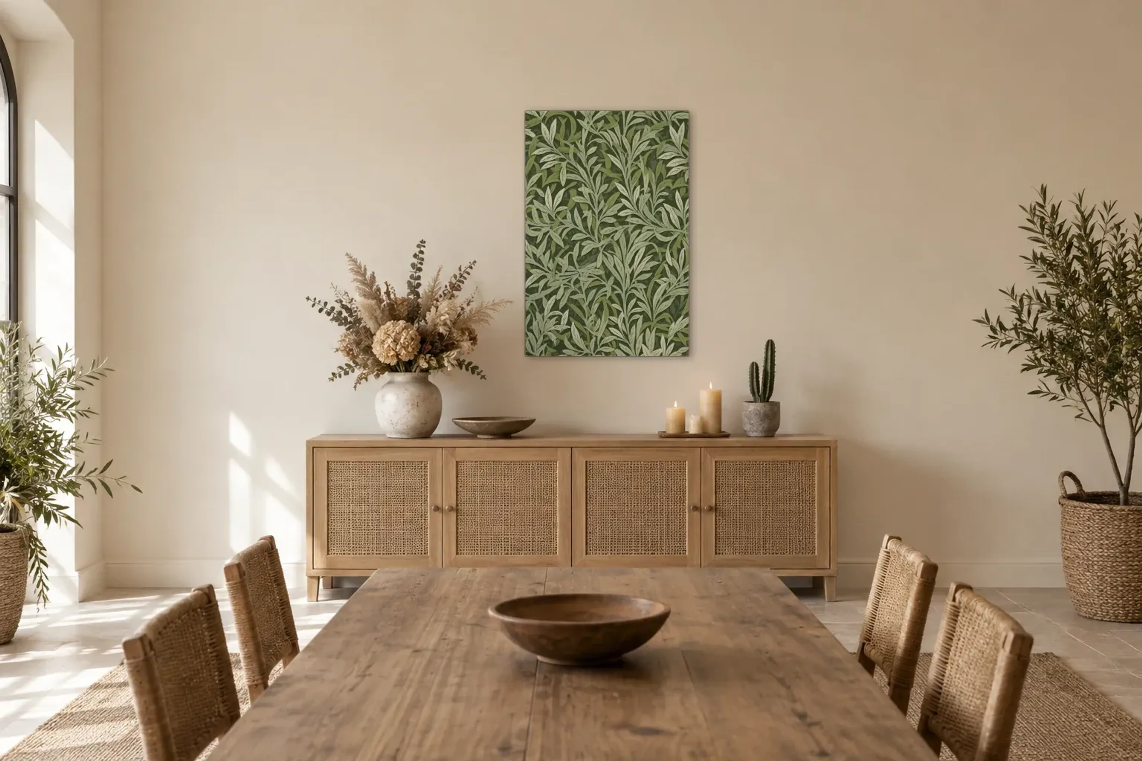 Blattwerk in Grün als Wandbild über einem 160-cm-Sideboard
