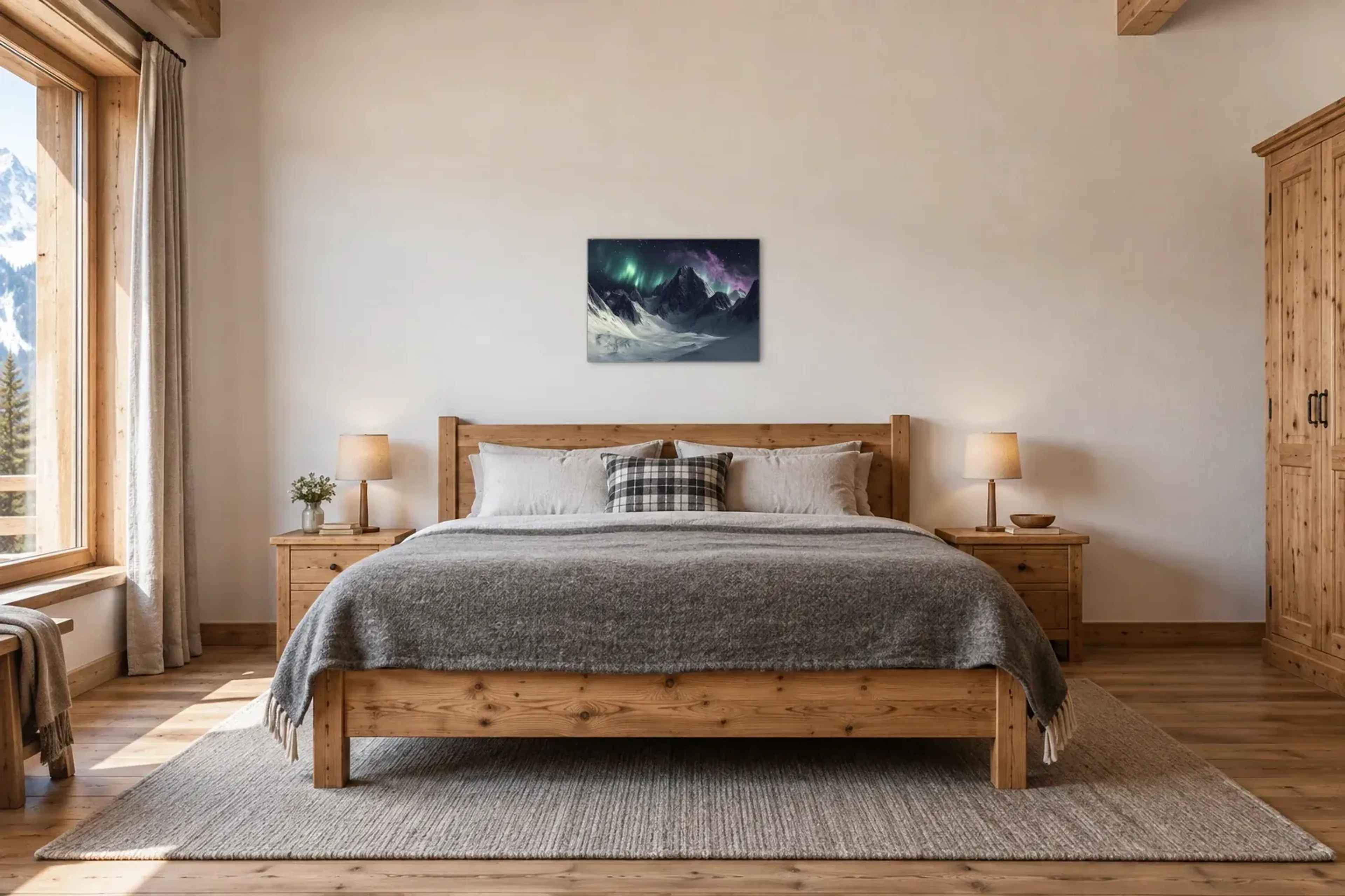 Polarlicht als Wandbild über einem 180-cm-Bett