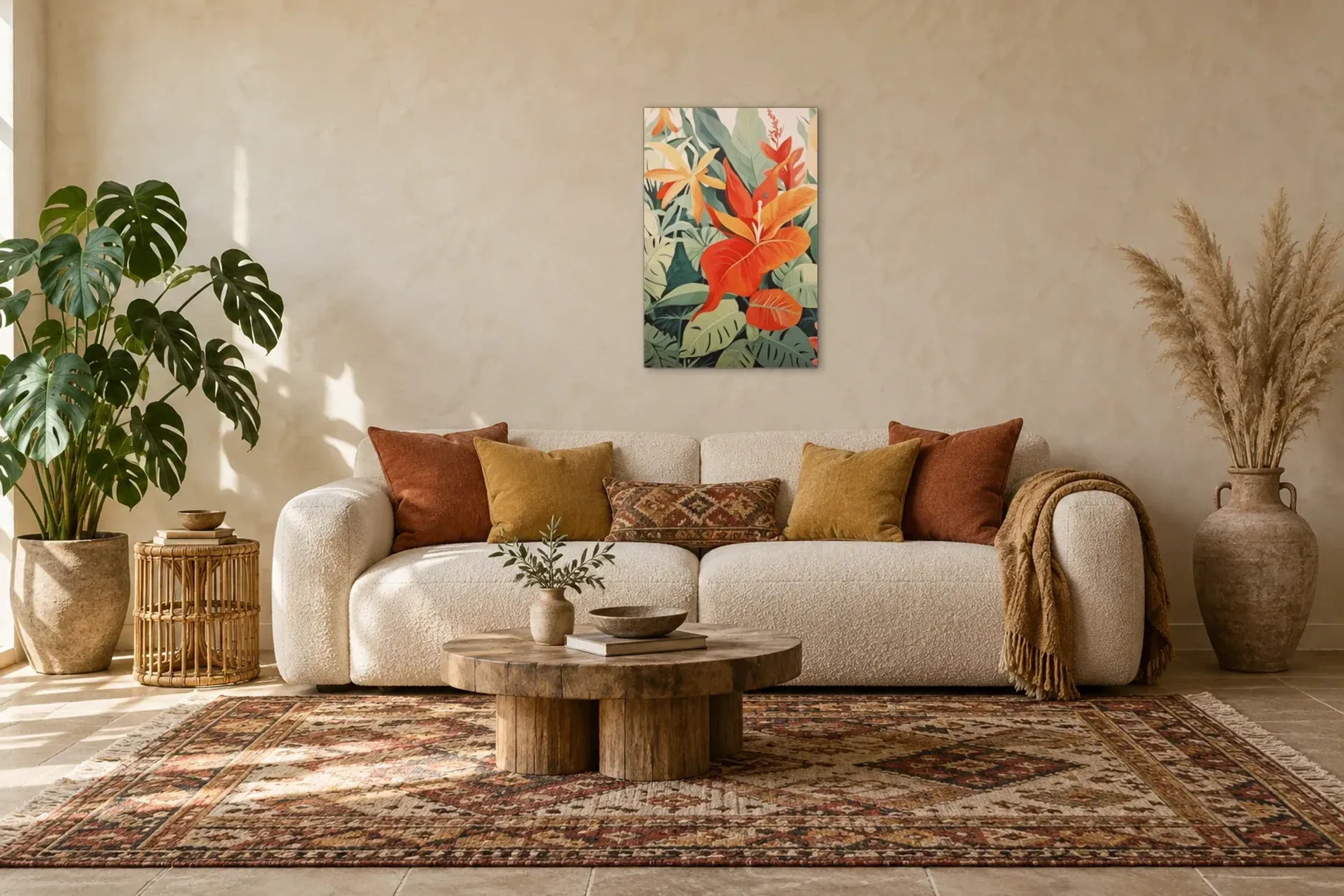 Exotische Blumen als Wandbild über einem 220-cm-Sofa