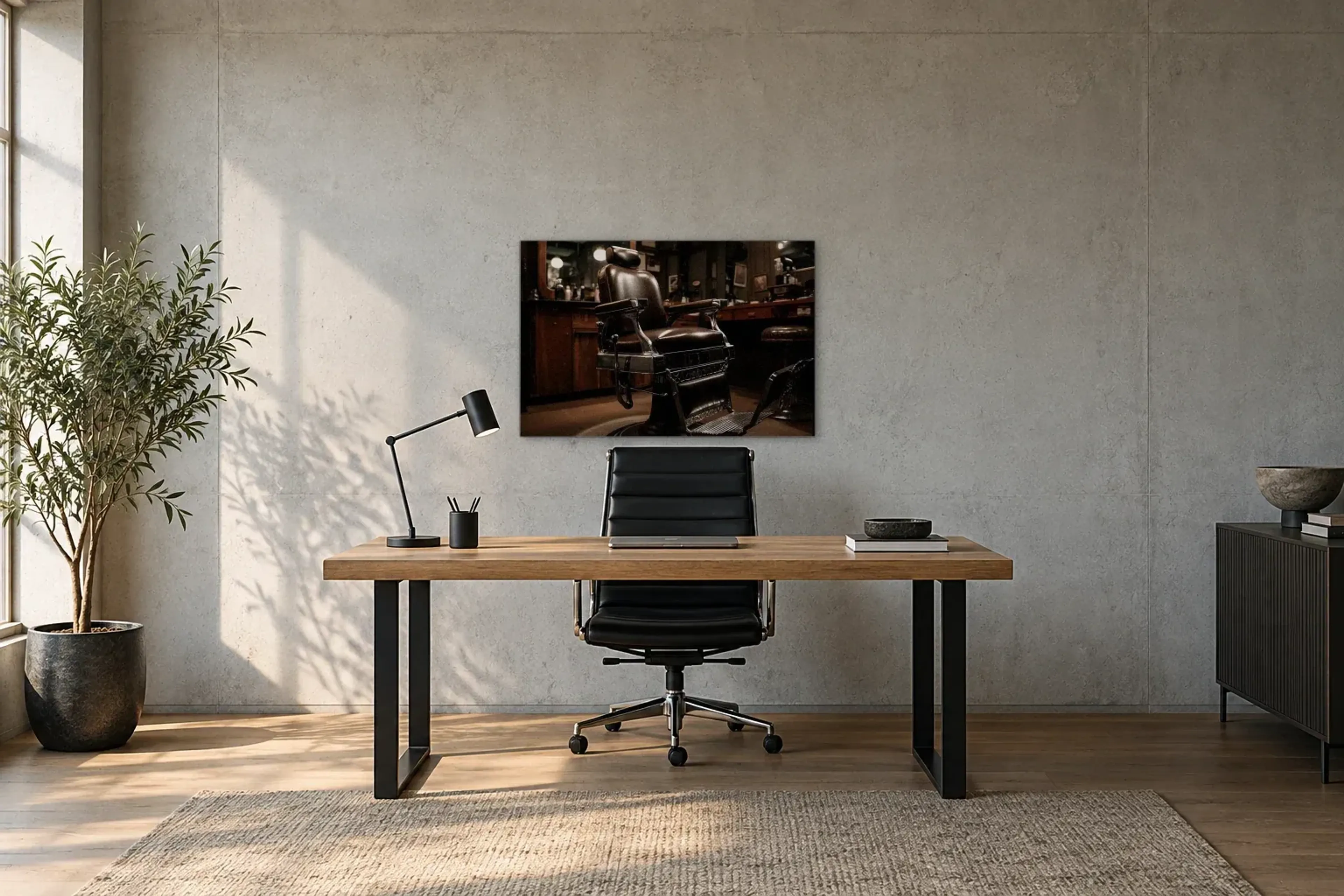 Nostalgischer Barbierstuhl als Wandbild über einem 160-cm-Schreibtisch