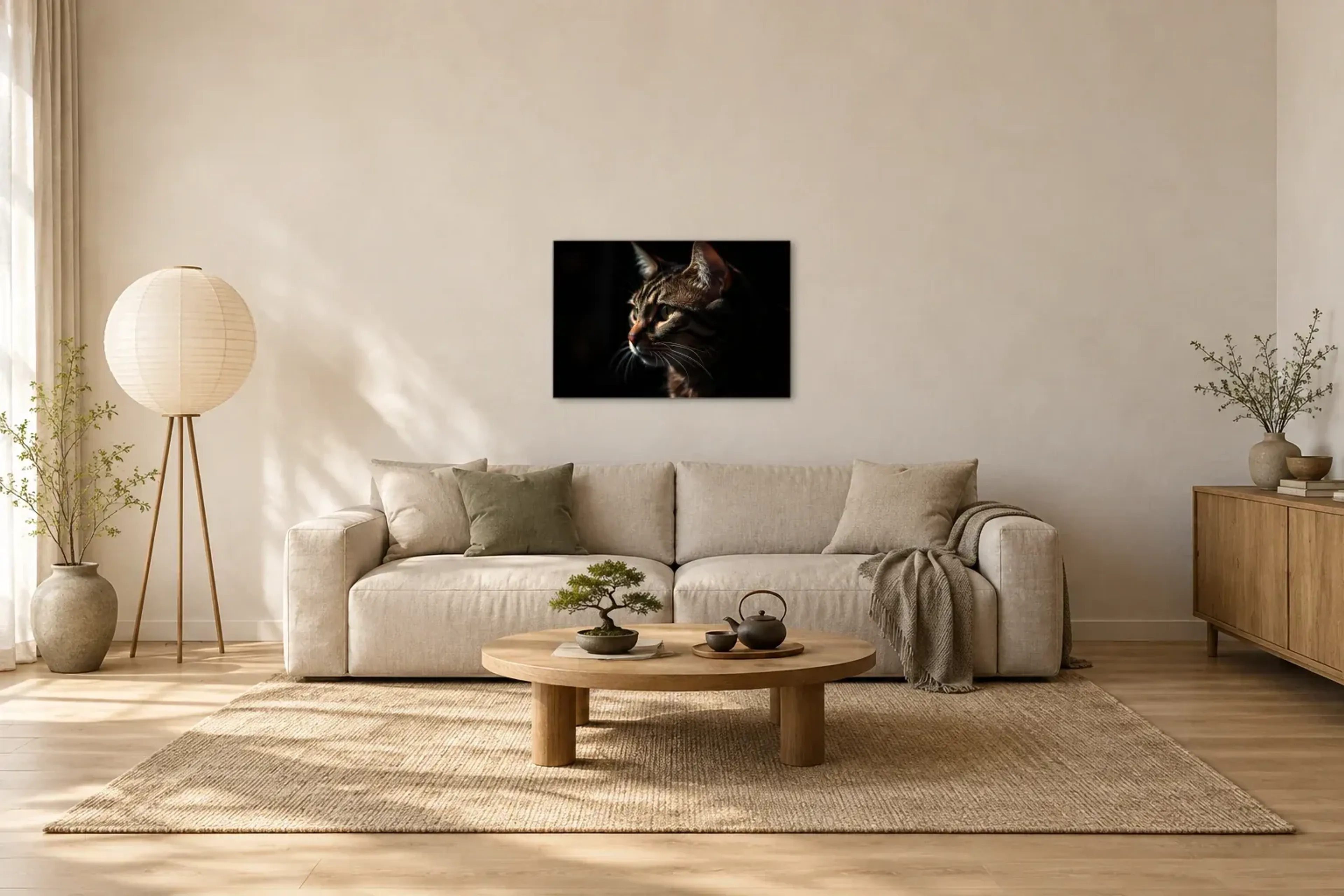 Katzenporträt im Schatten als Wandbild über einem 220-cm-Sofa